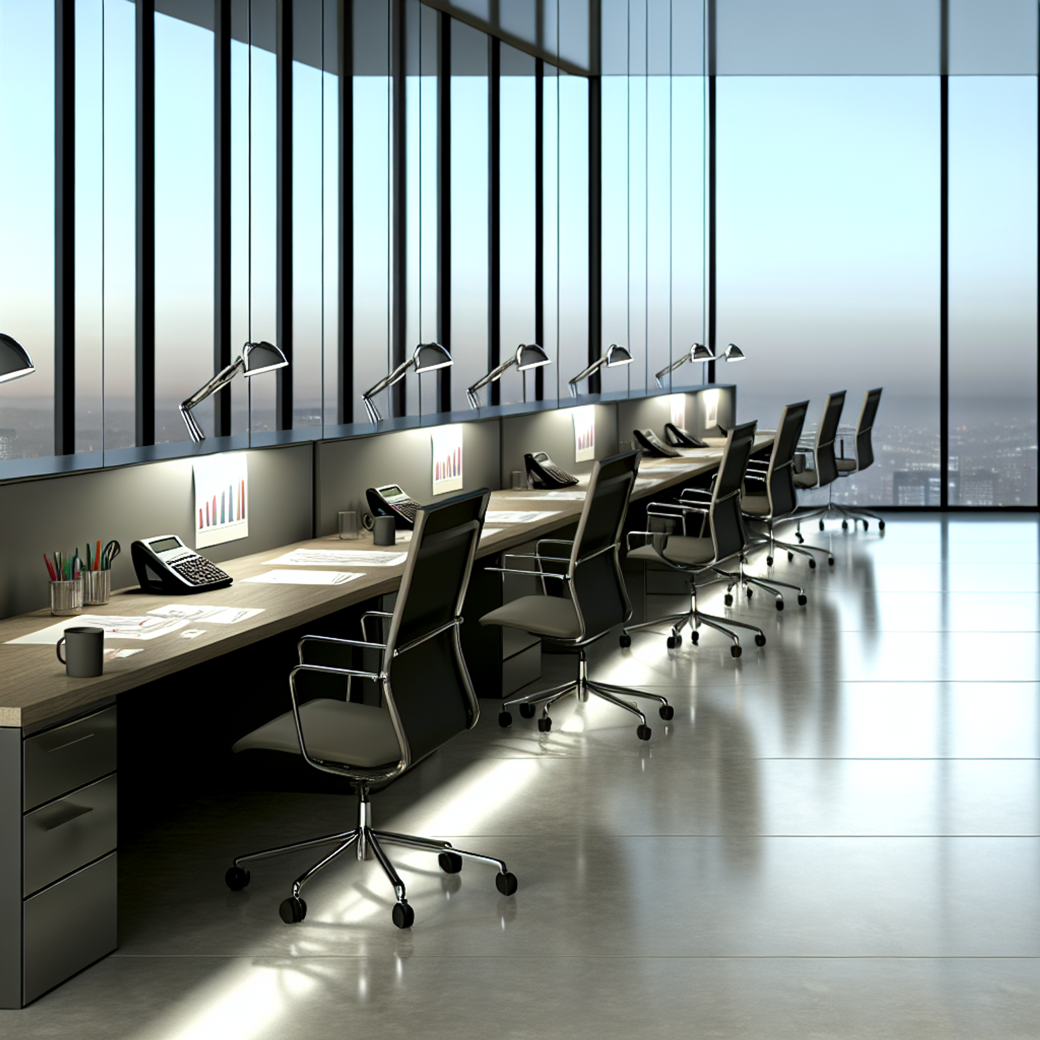 Row of empty office chairs fading at modern desks with financial tools, no people present, city view outside, evoking job loss in finance.