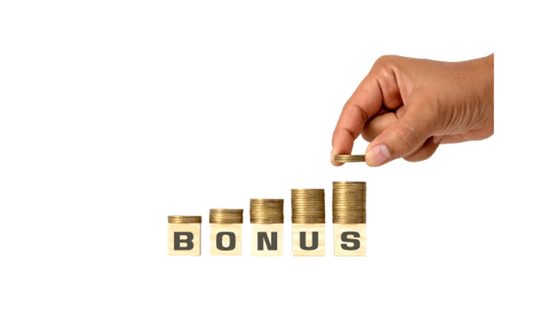 Image of a hand stacking coins with "Bonus" written under the stack