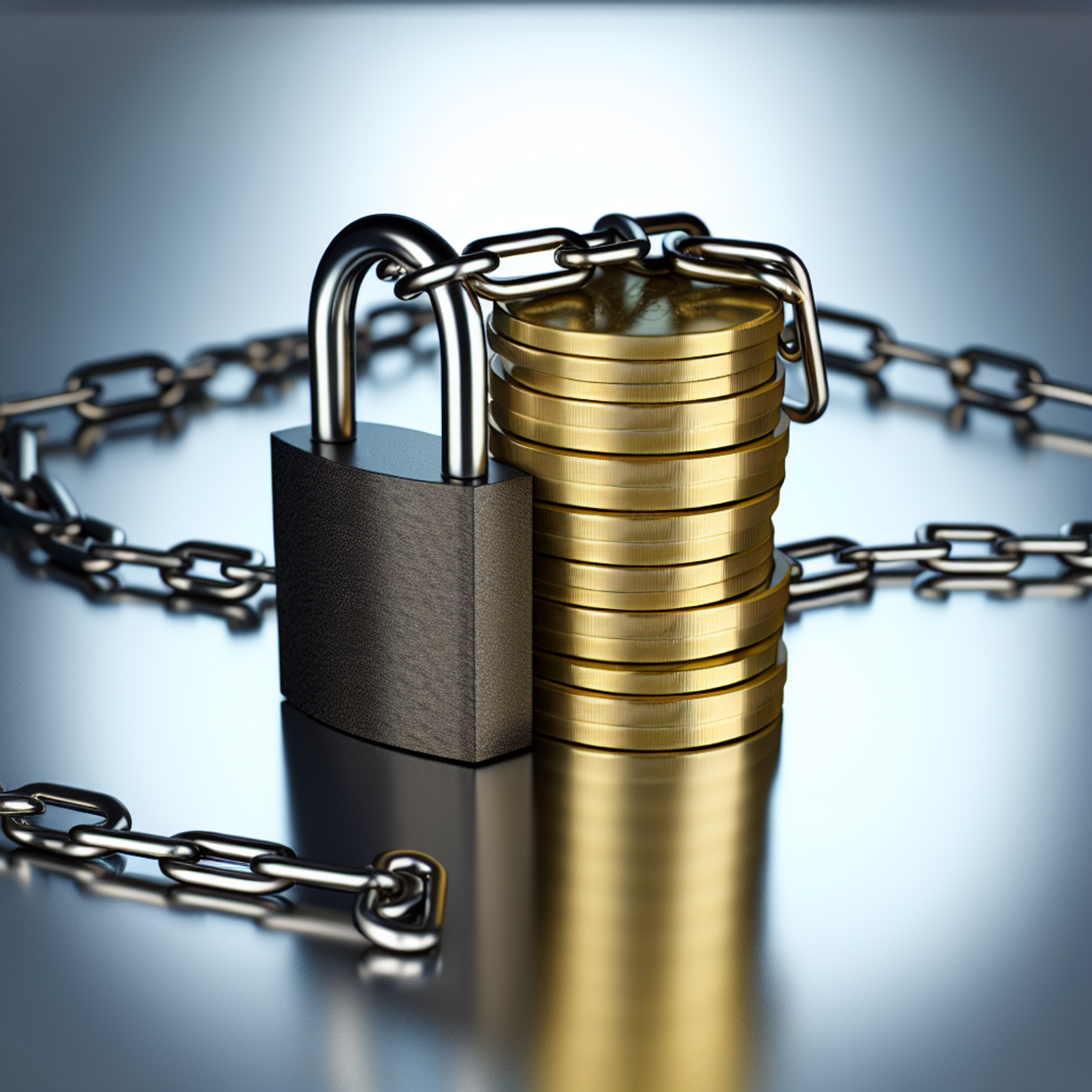 A heavy padlock and metal chain securing gold coins on a dark reflective surface, symbolizing financial sanctions and restrictions.