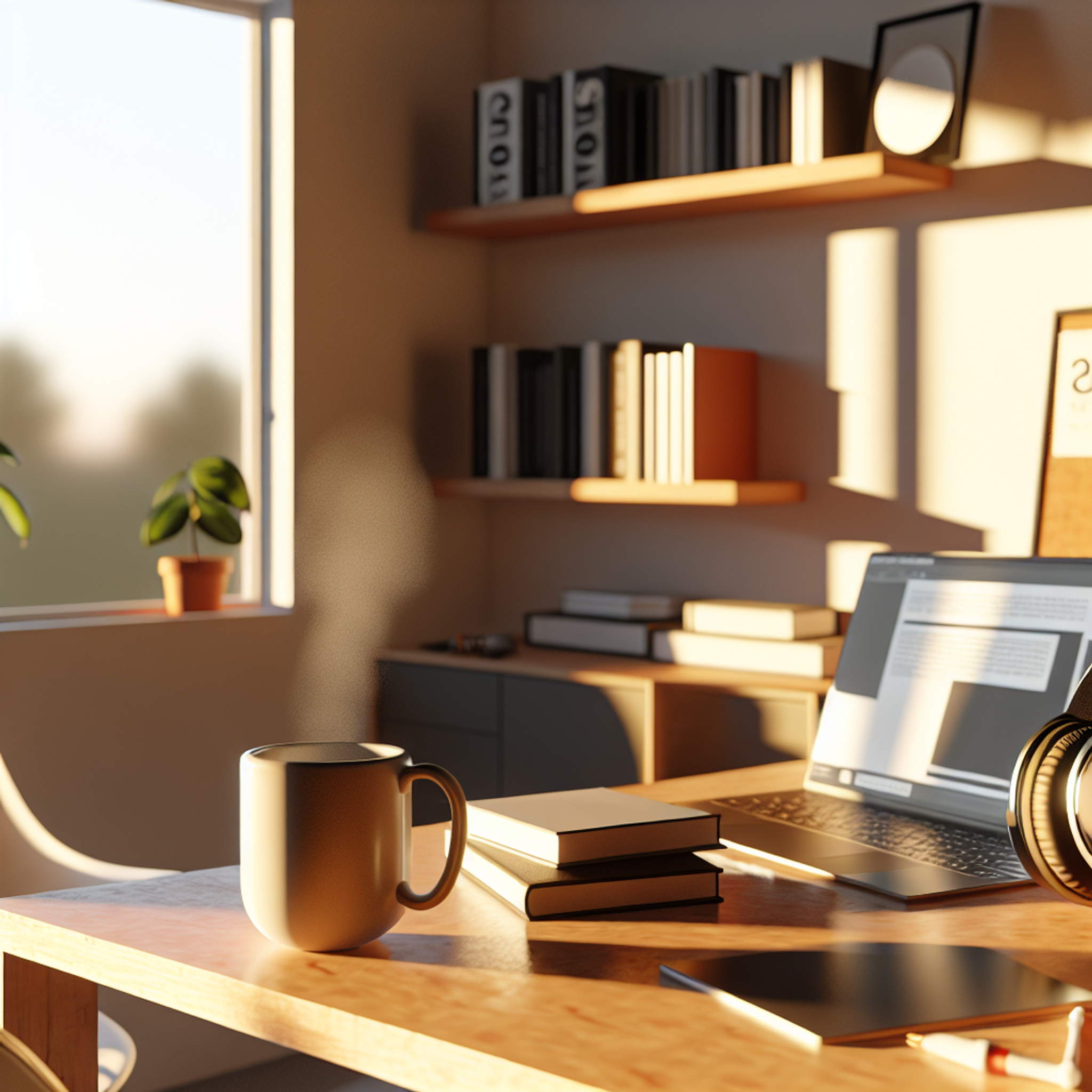 Sunrise light fills a tidy home workspace with an open laptop, books, headphones, and a steaming mug on a wooden desk.