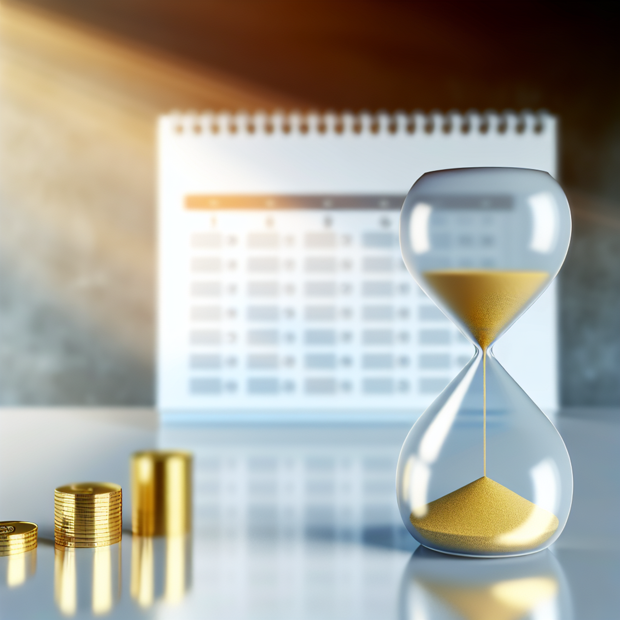 Photorealistic hourglass with golden coins flowing inside on a modern desk, blurred calendar showing a 90-day sprint in the background.