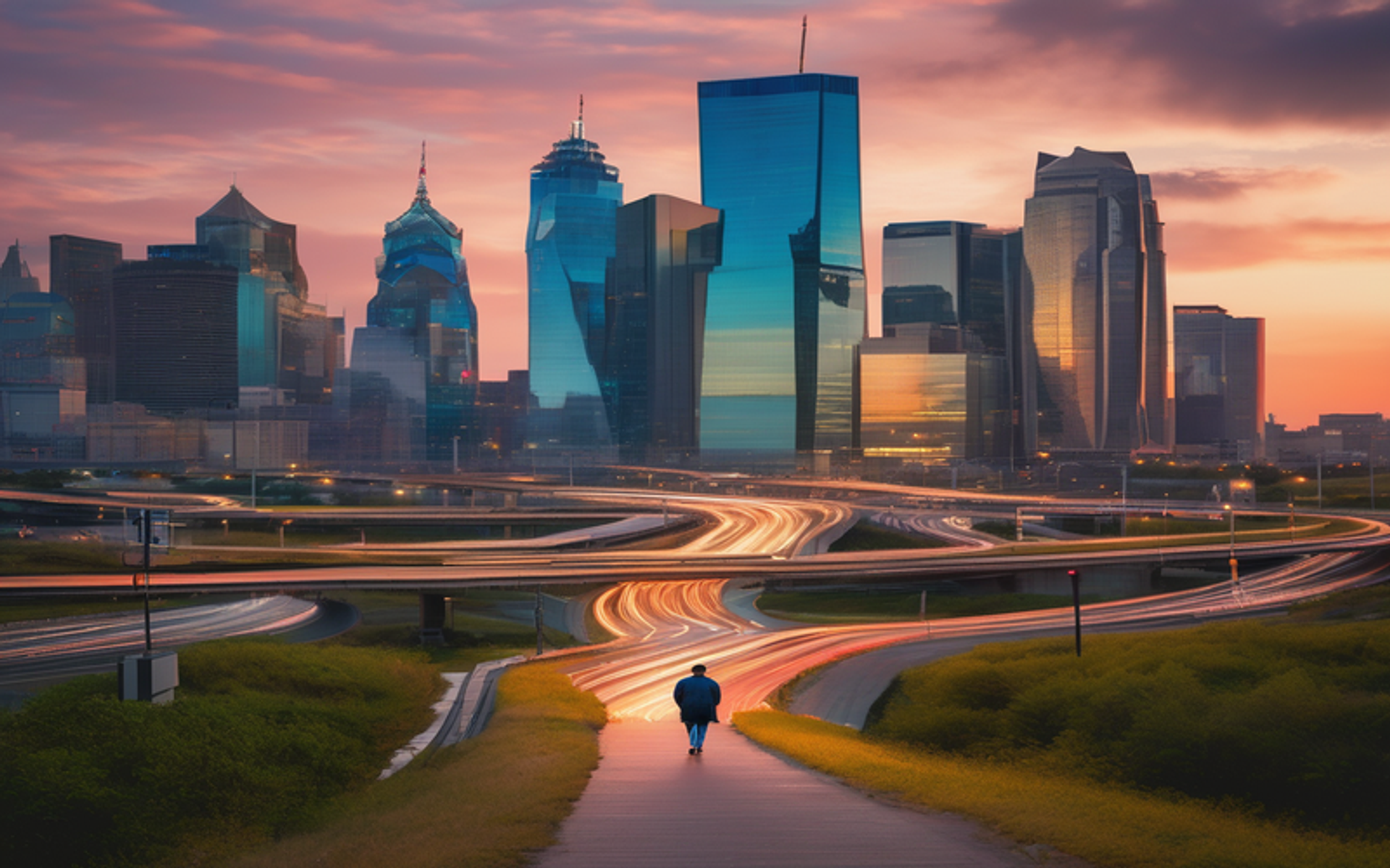 A person stands at a crossroads, looking back at a path of financial mistakes amidst a cityscape representing regret and uncertainty, with a new illuminated path forward symbolizing clarity and purpose.