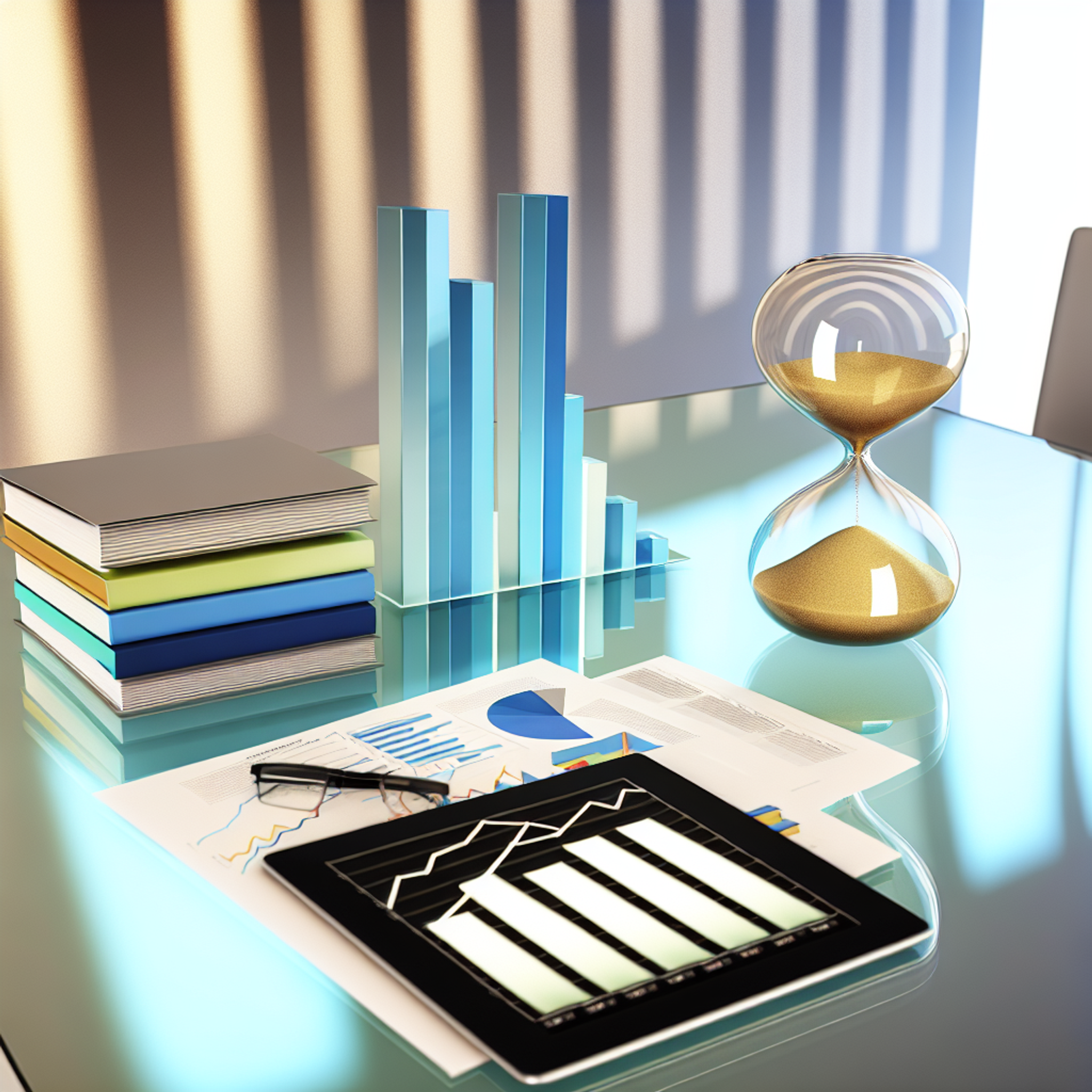 Modern workspace with a glass table, stacked financial documents, a tablet showing a colorful progress chart, and a golden-sand hourglass.