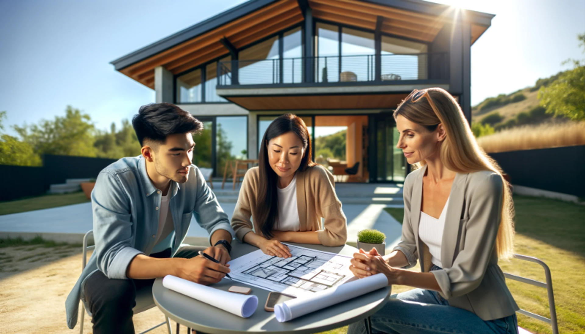 Millennial couple discussing blueprints with a real estate agent in front of a modern home.