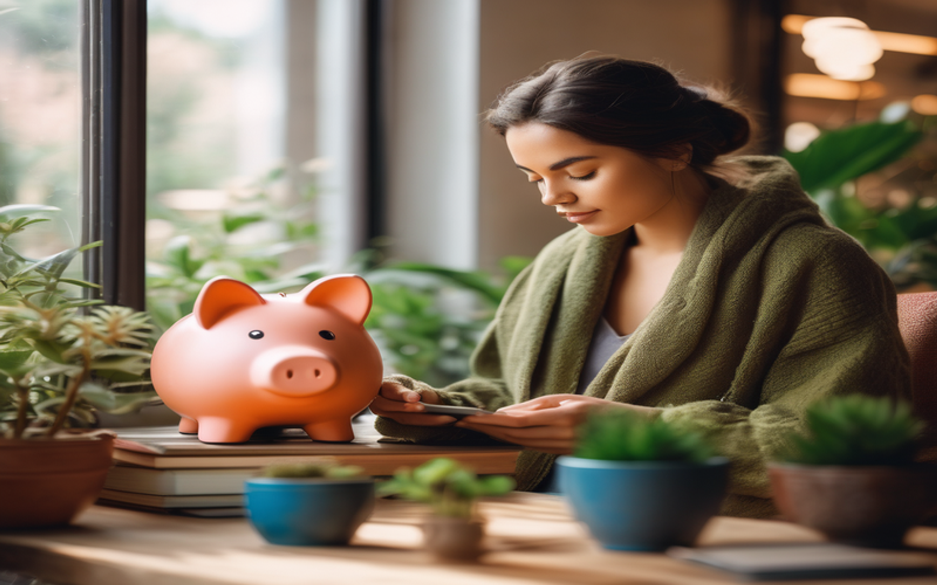 A person sits in a peaceful environment surrounded by plants and soft lighting, with subtle financial harmony elements, conveying mindfulness and control over finances.