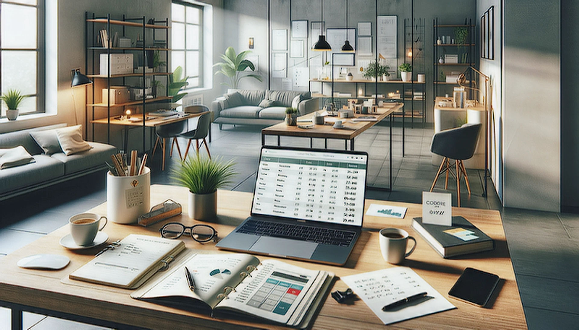 Modern home office with laptop on desk showing financial app, calendar with highlighted dates, notepad with financial goals, and a cup of coffee, surrounded by natural light and indoor plants.