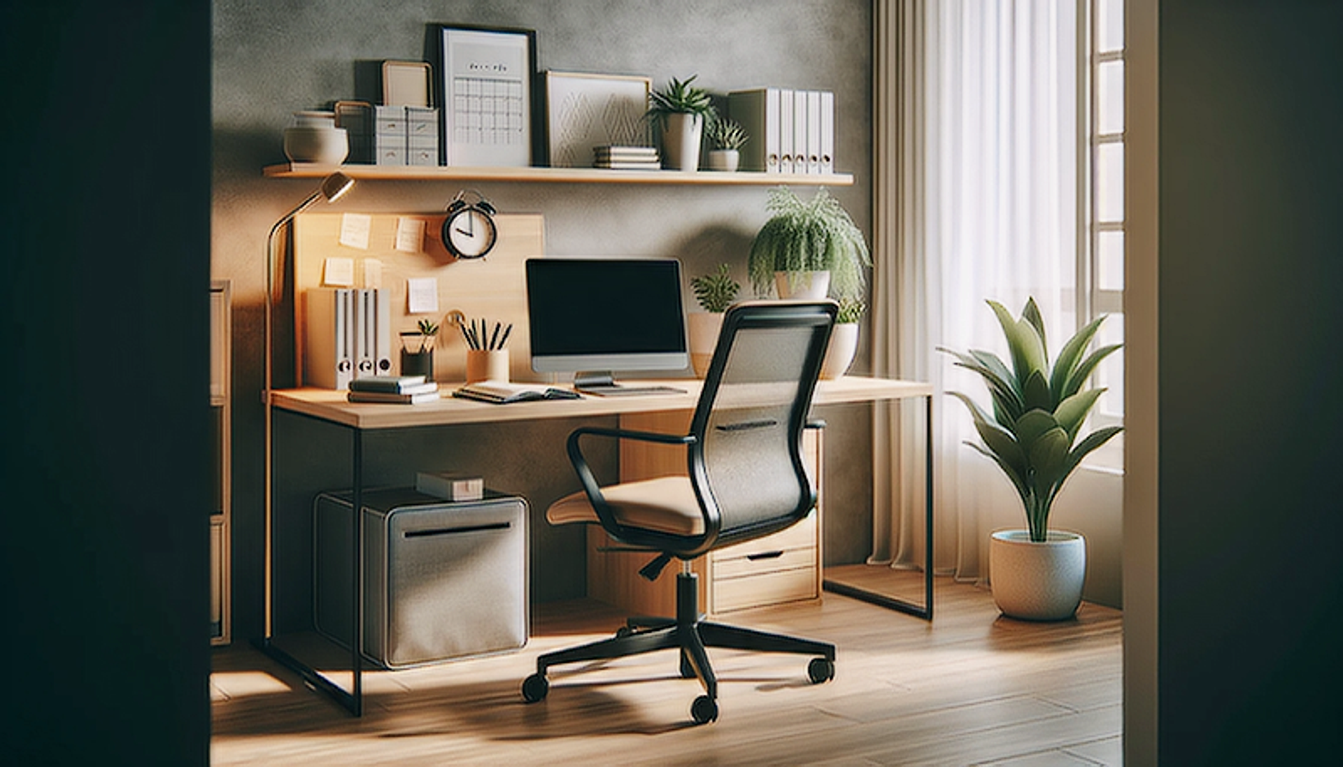 Modern and organized home office setup with ergonomic furniture and technology for enhanced productivity.