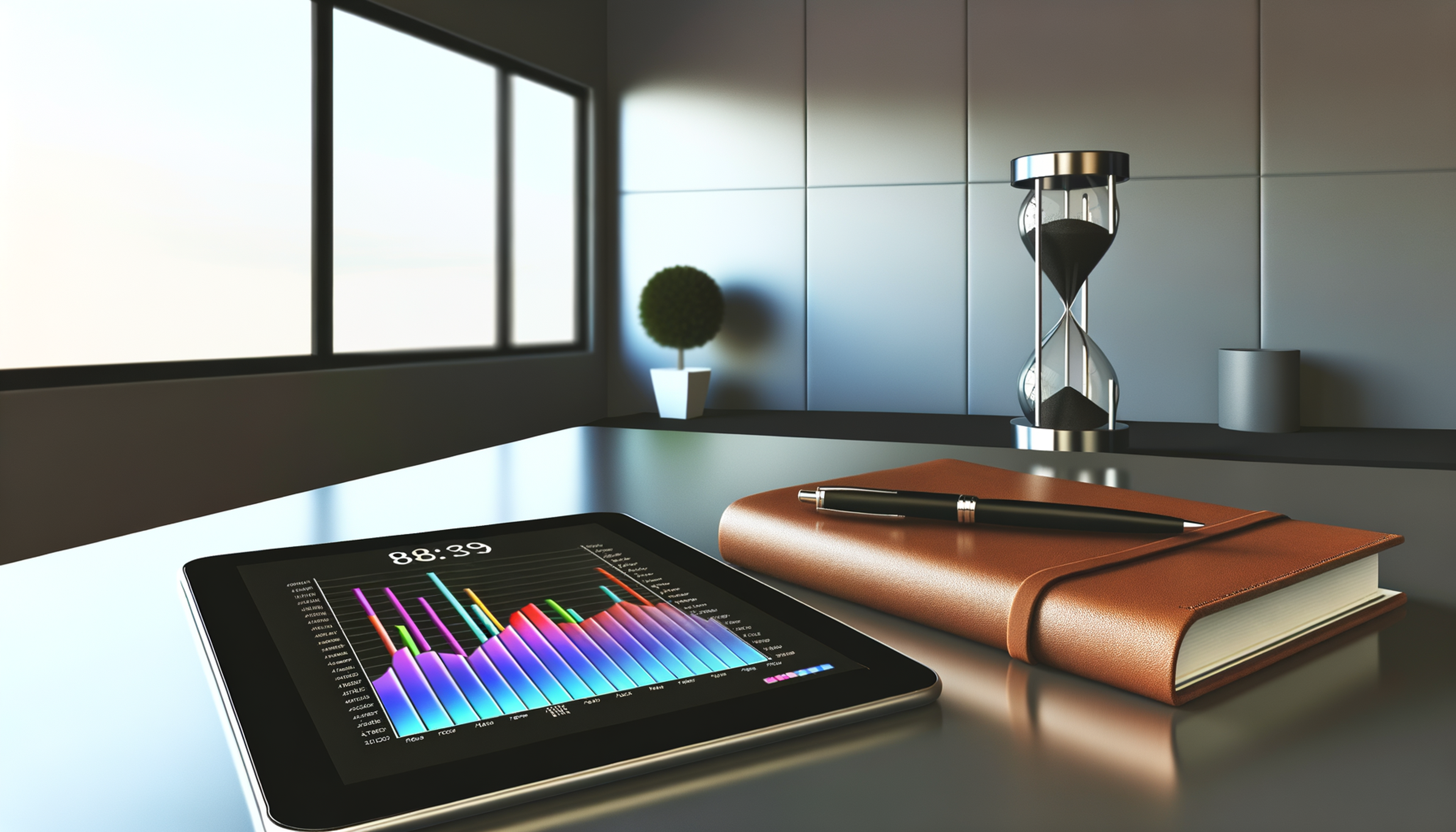 Modern workspace with a tablet showing colorful financial charts, closed notebook, pen, hourglass, and plant in soft natural light.