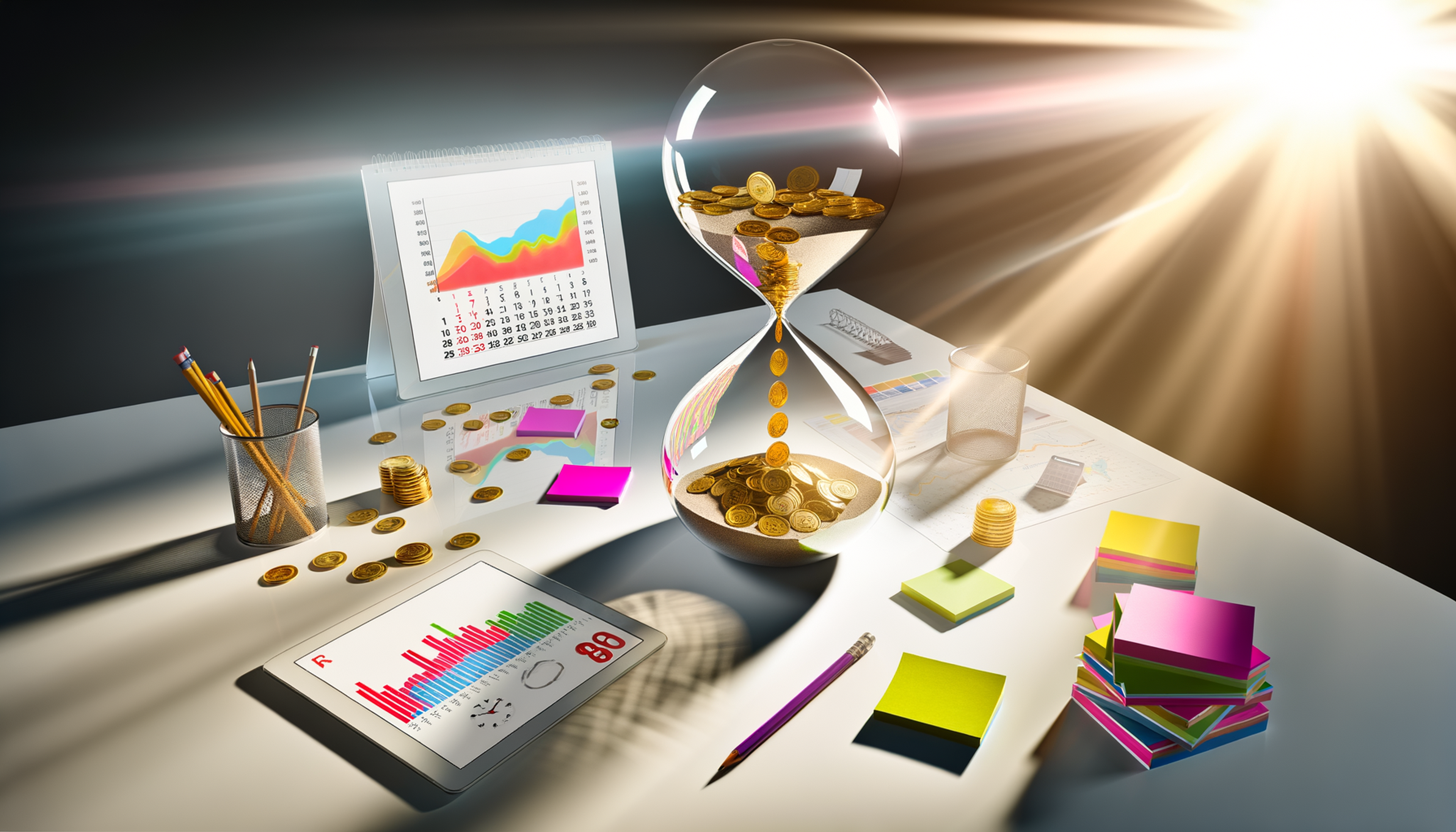 Modern workspace with a glass hourglass flowing golden coins, tablet showing a progress chart, 90-day calendar, and checkmarked notes.