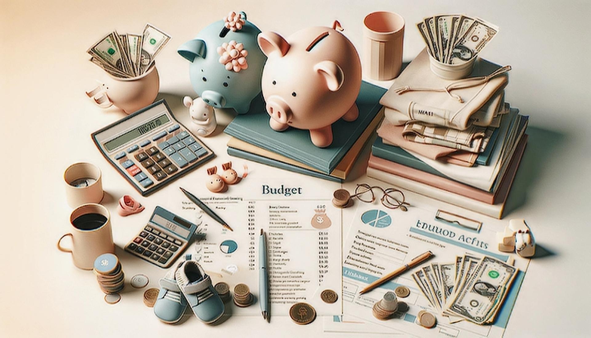 Financial planning for new parents with piggy bank and baby essentials.