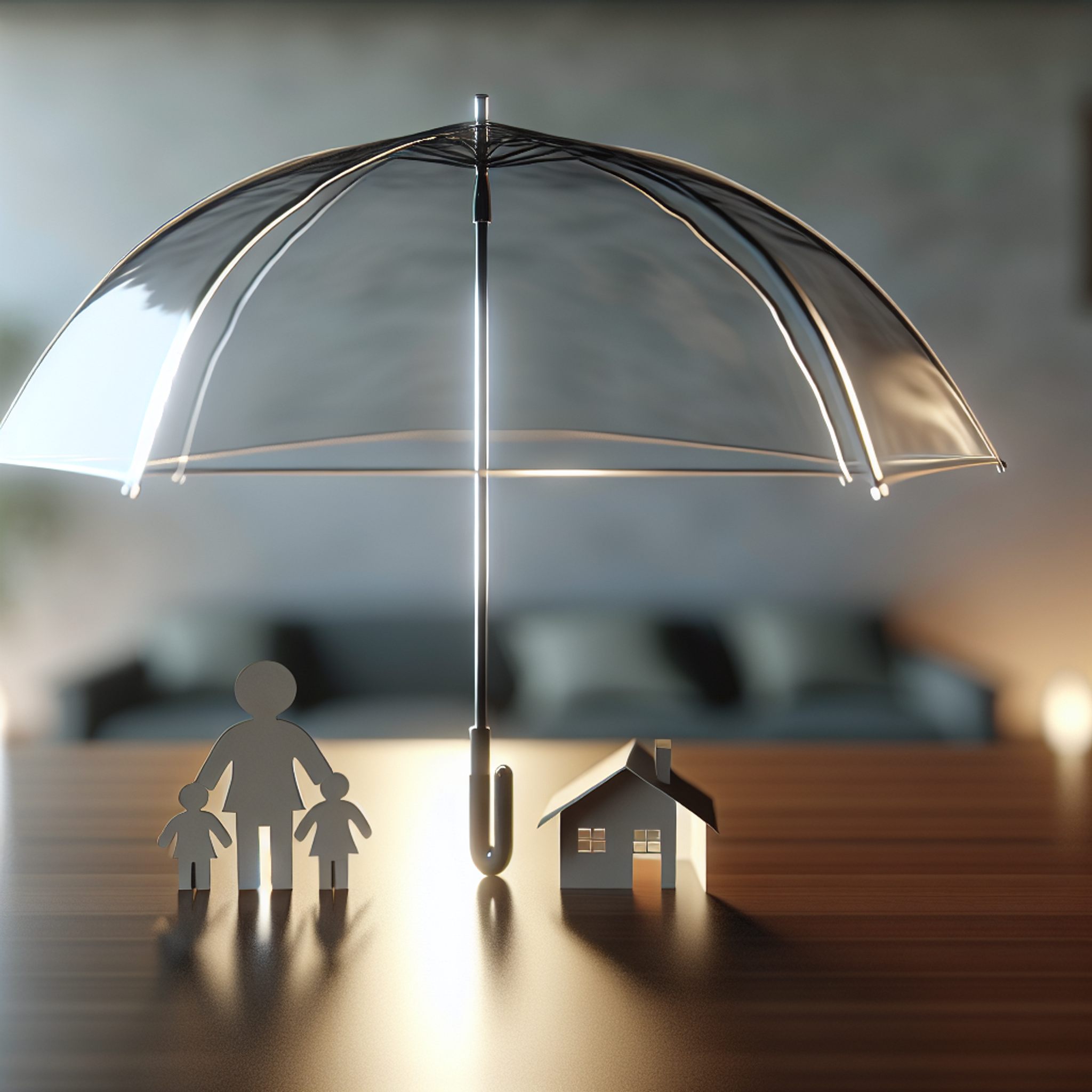 Transparent umbrella shelters paper cutout family and small house on wooden table, symbolizing life insurance and home security.