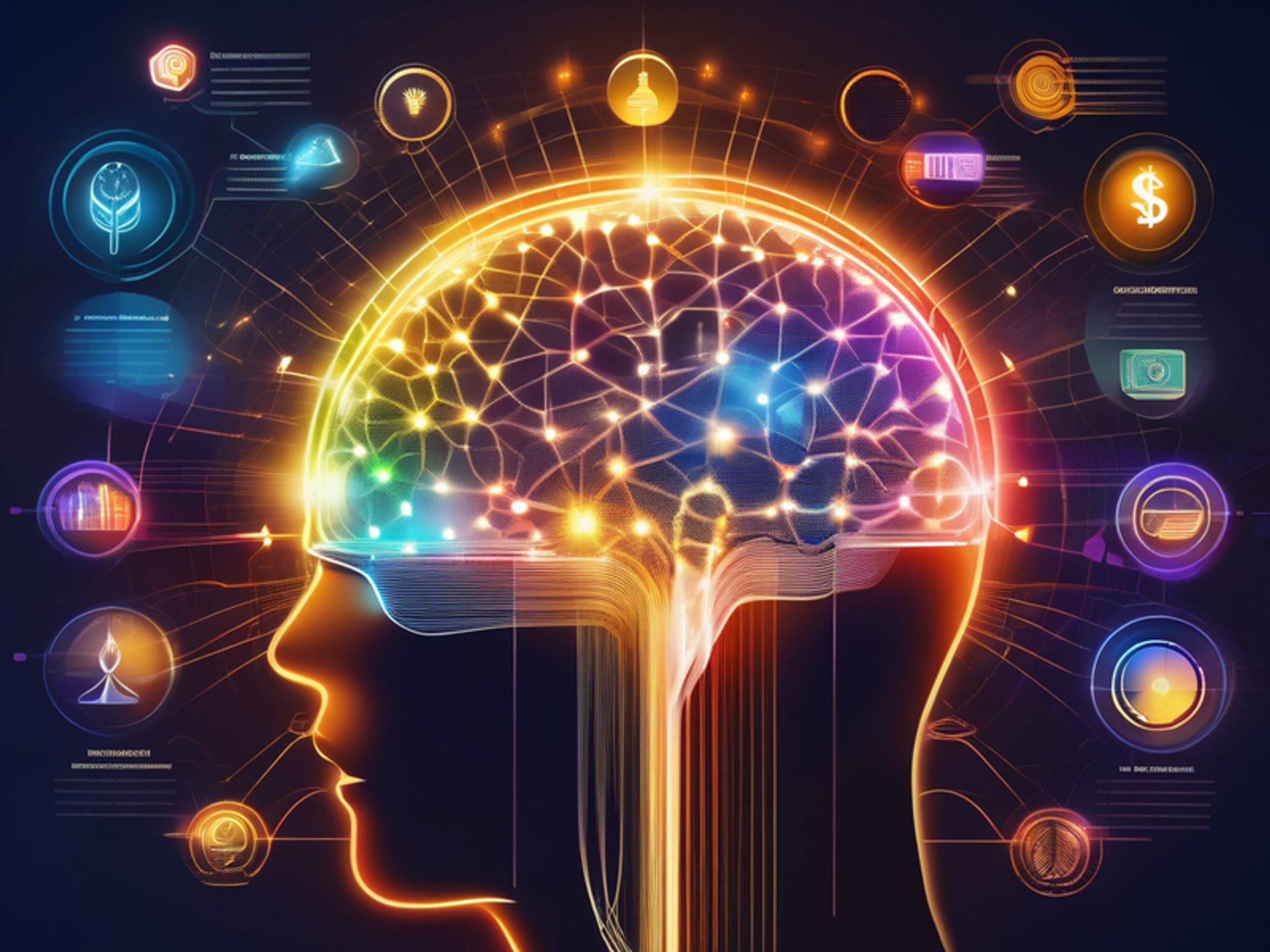 Futuristic image of a glowing brain with neural pathways, surrounded by dollar signs, graphs, and coins, symbolizing financial mindset transformation.