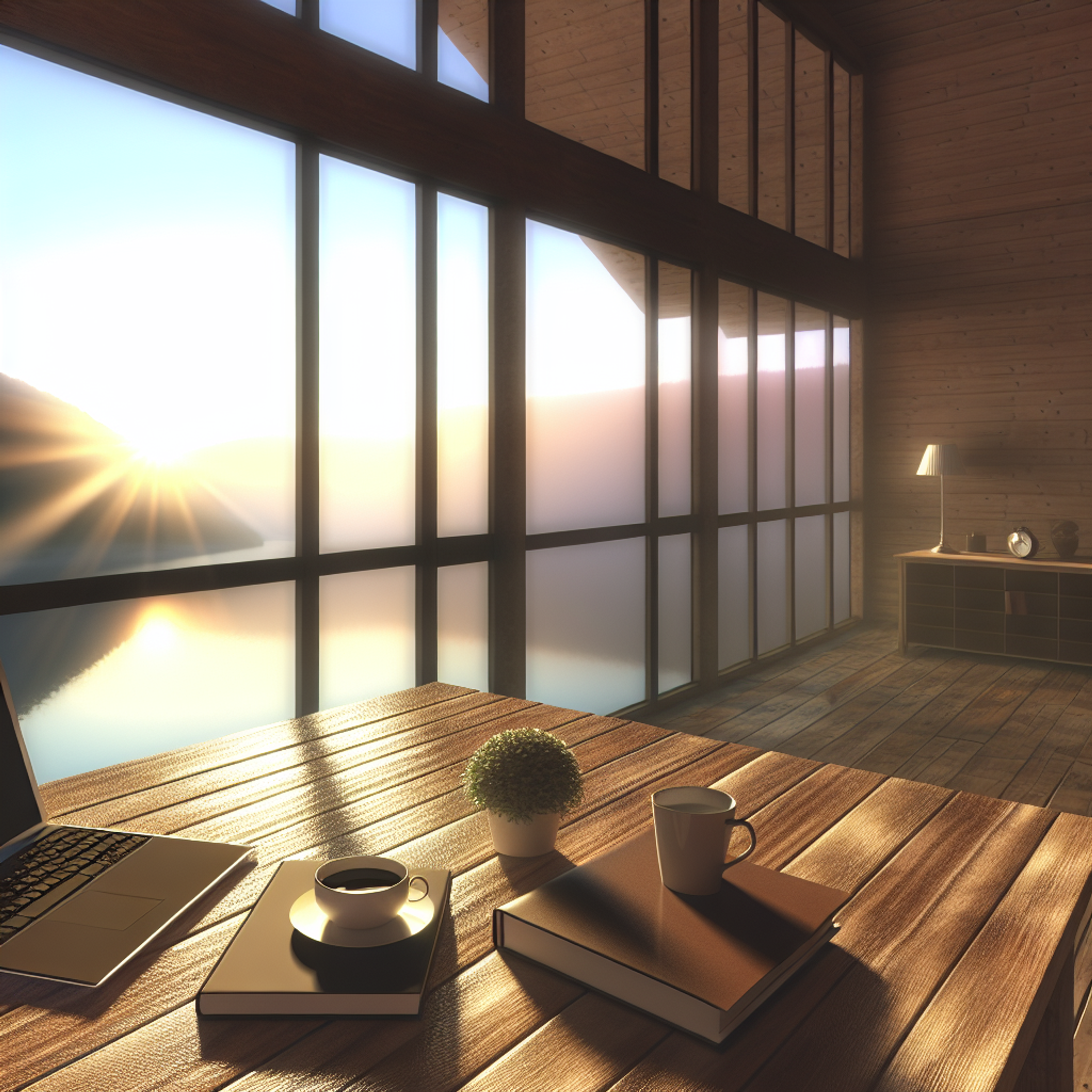 Sunrise light fills a cozy cabin workspace with a wooden table, closed laptop, notebook, and coffee, overlooking a calm lake.