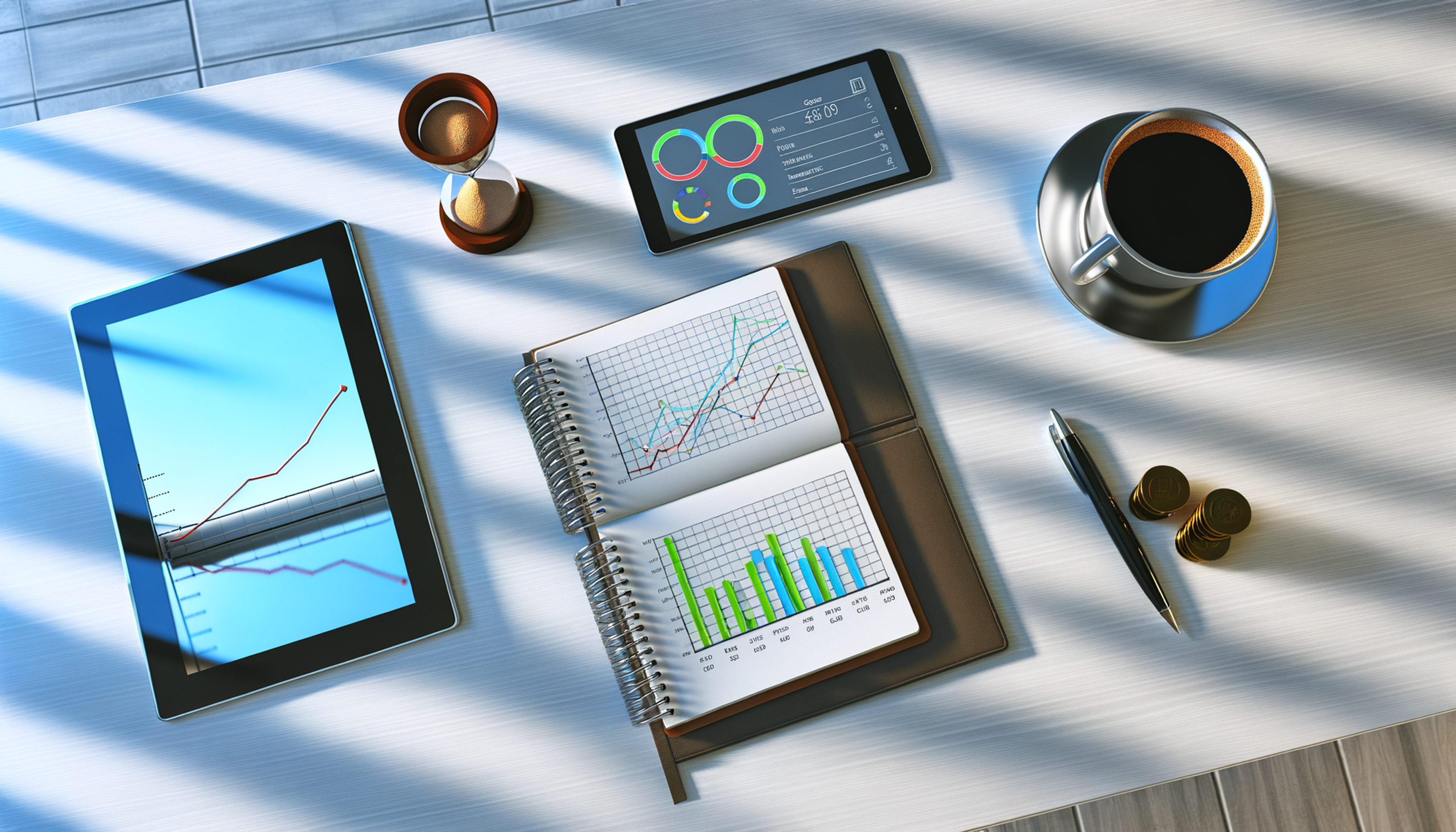 Modern desktop from above with open notebook showing colorful charts, tablet with rising dashboard, coffee, hourglass, and coins nearby.