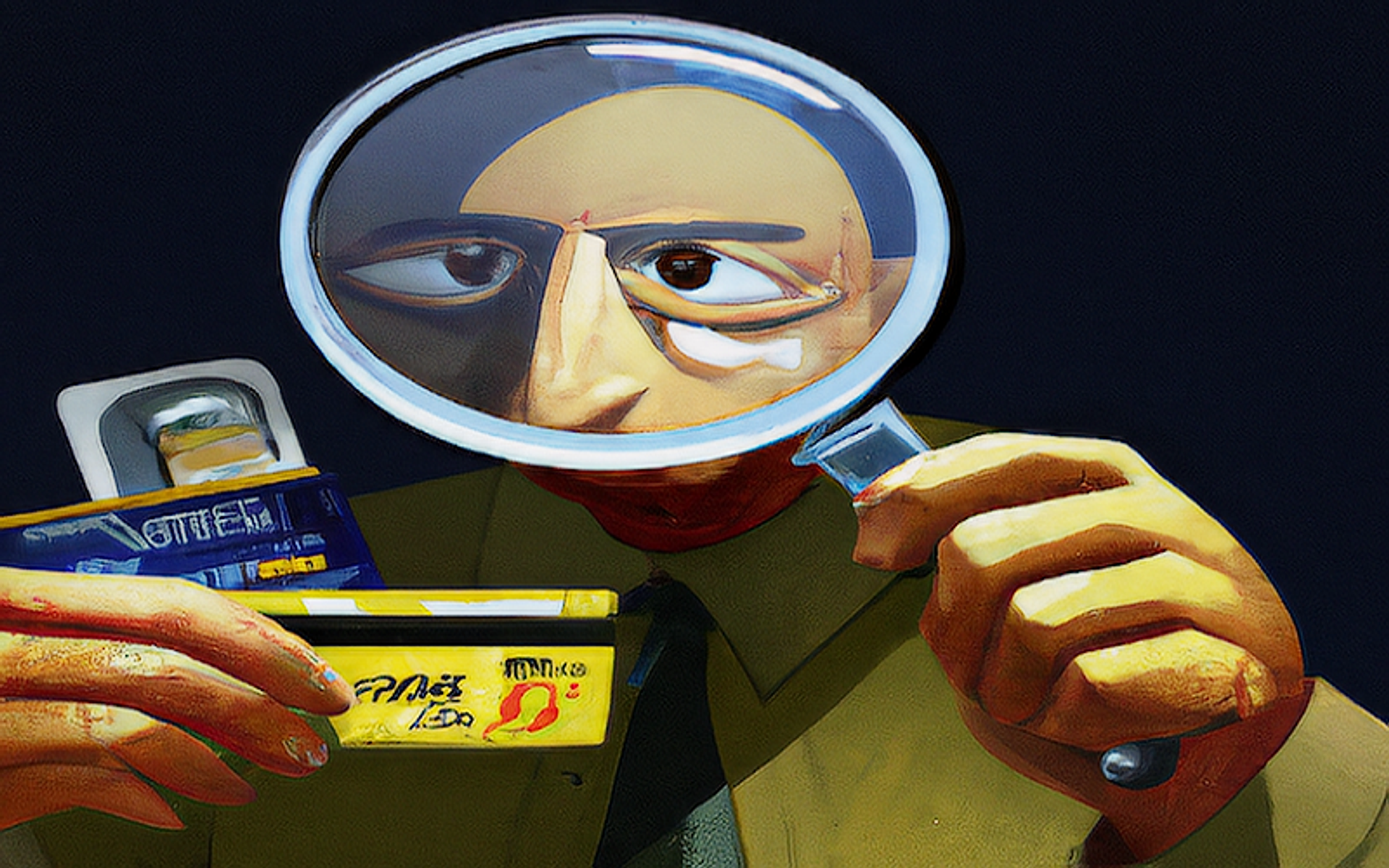 Digital art of an inspector analyzing his credit cards through a magnifying glass
