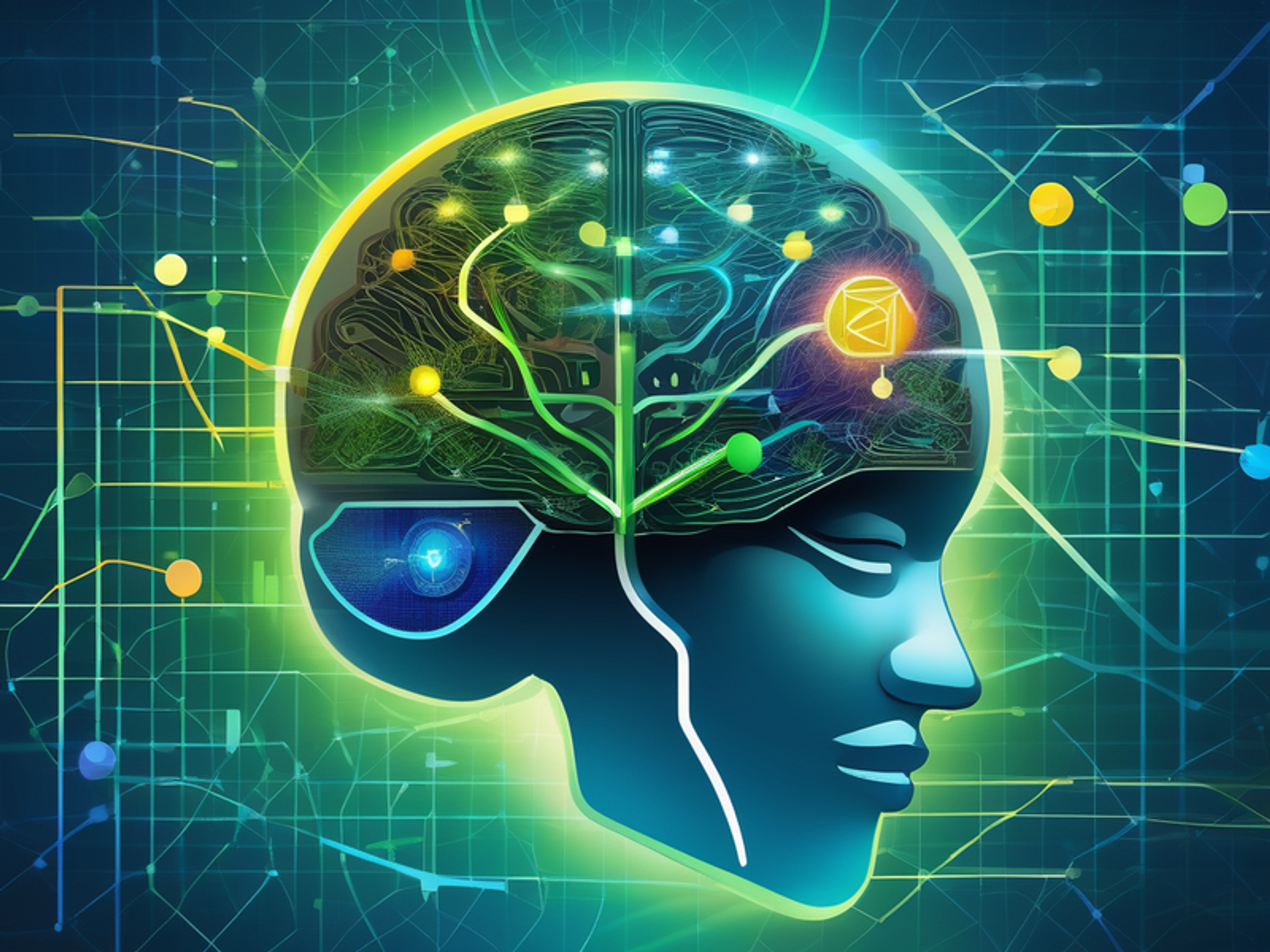 Futuristic brain with glowing neural pathways, surrounded by coins, graphs, and growth charts, symbolizing financial growth and neuroplasticity.