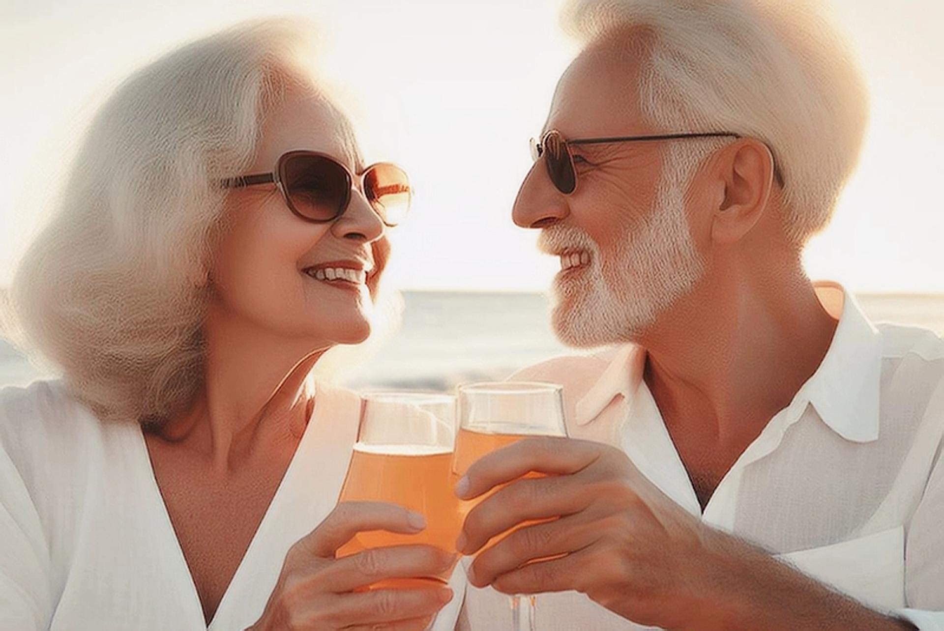 Retired couple at the beach drinking from a glass