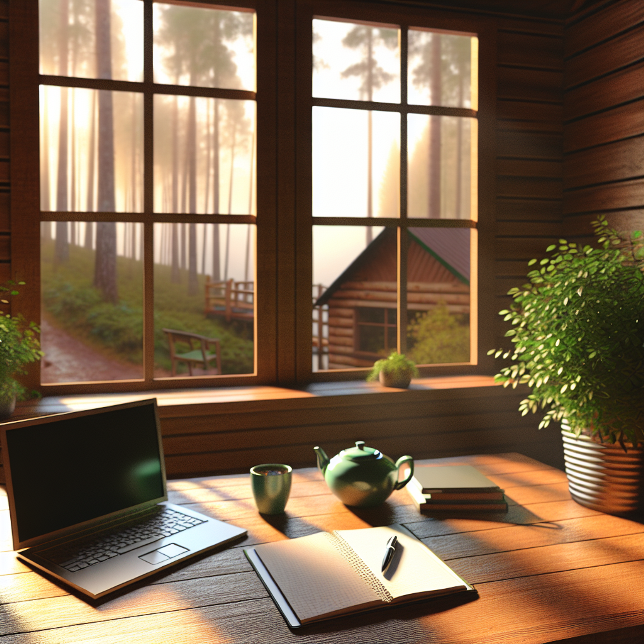 Sunlit cabin workspace with a wooden desk, closed laptop, notepad, pen, tea, and plant by a large window overlooking a forest.