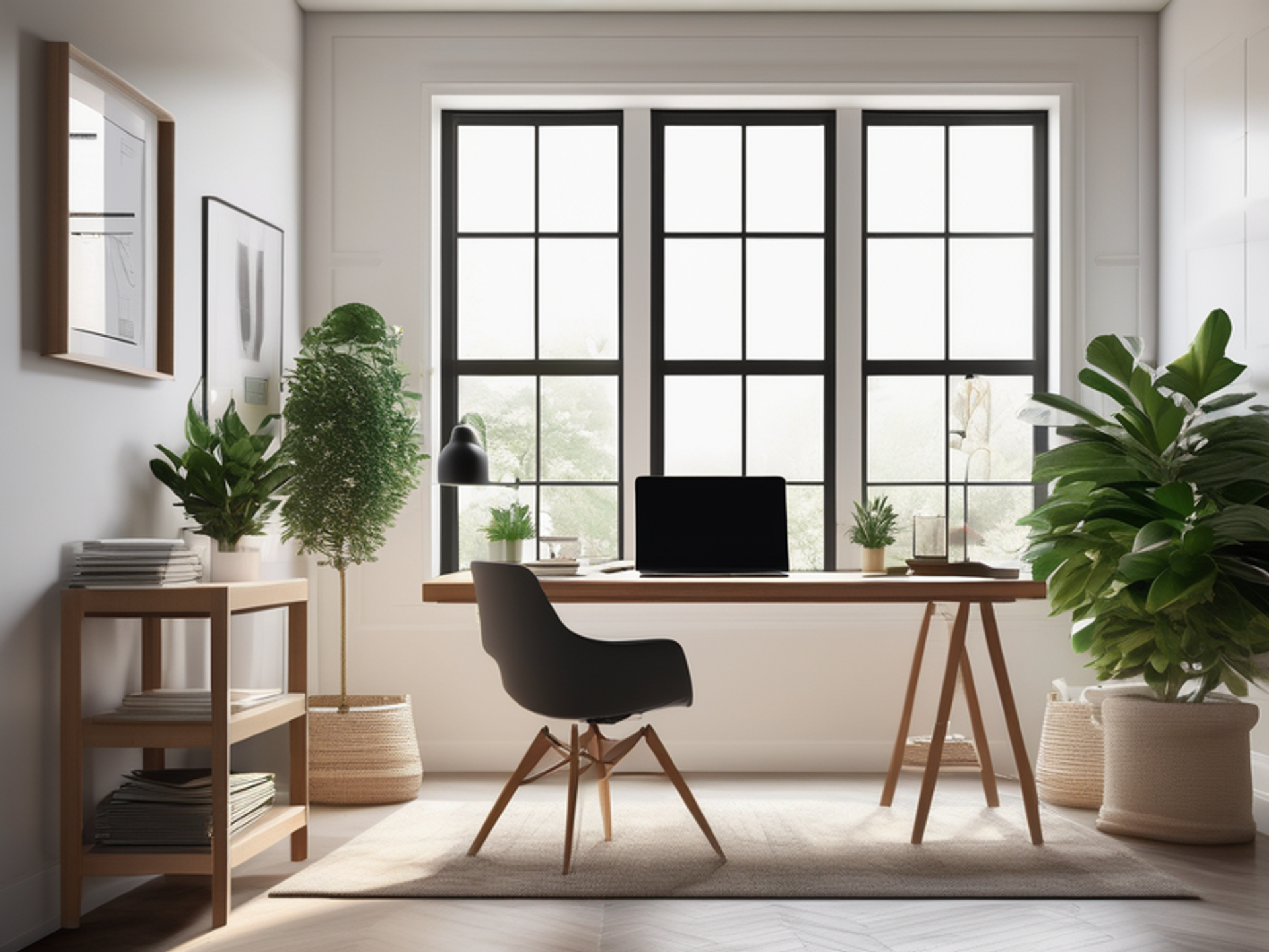 Modern home office titled "Financial Sanctuary" with a minimalist desk, laptop showing charts, vision board, plants, and finance books.