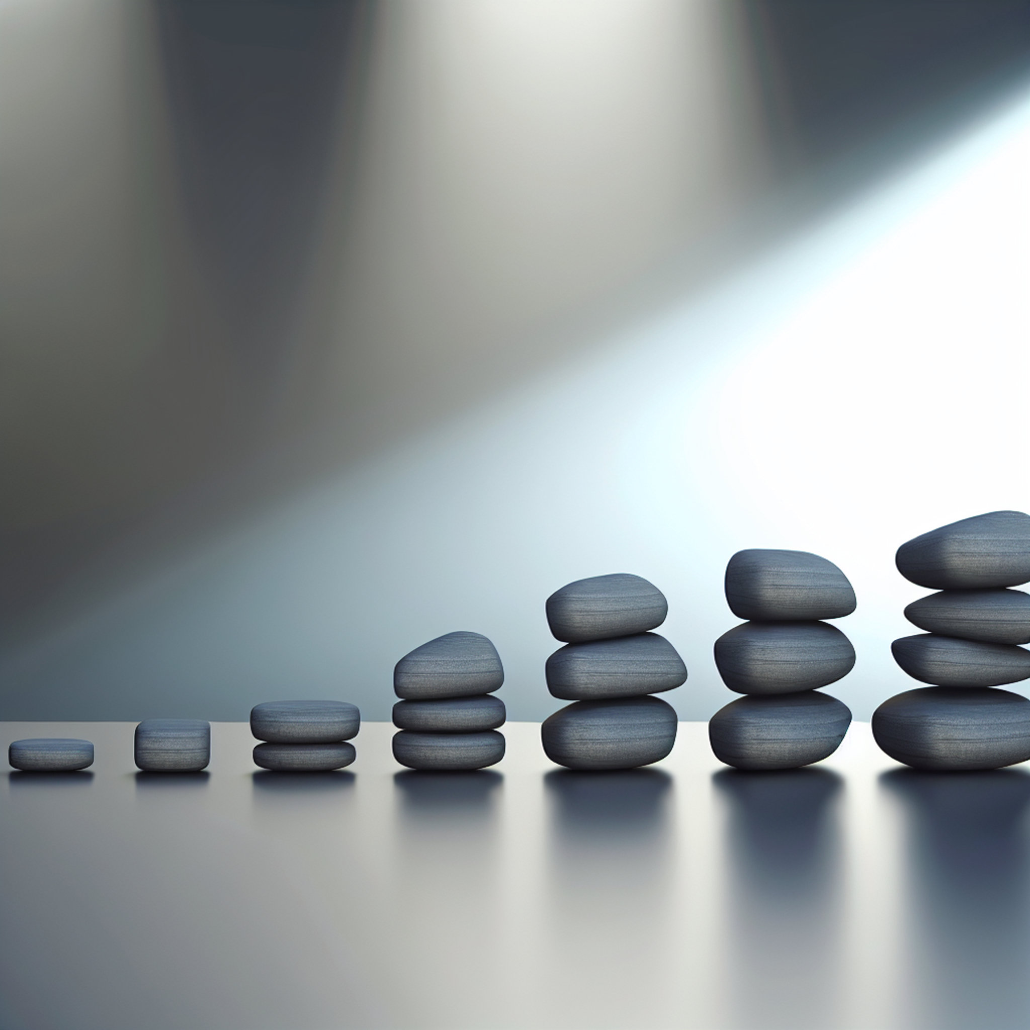 Stacked stones in increasing size line up on a modern desk, spotlighted to symbolize growing debt payments and a path to financial freedom.
