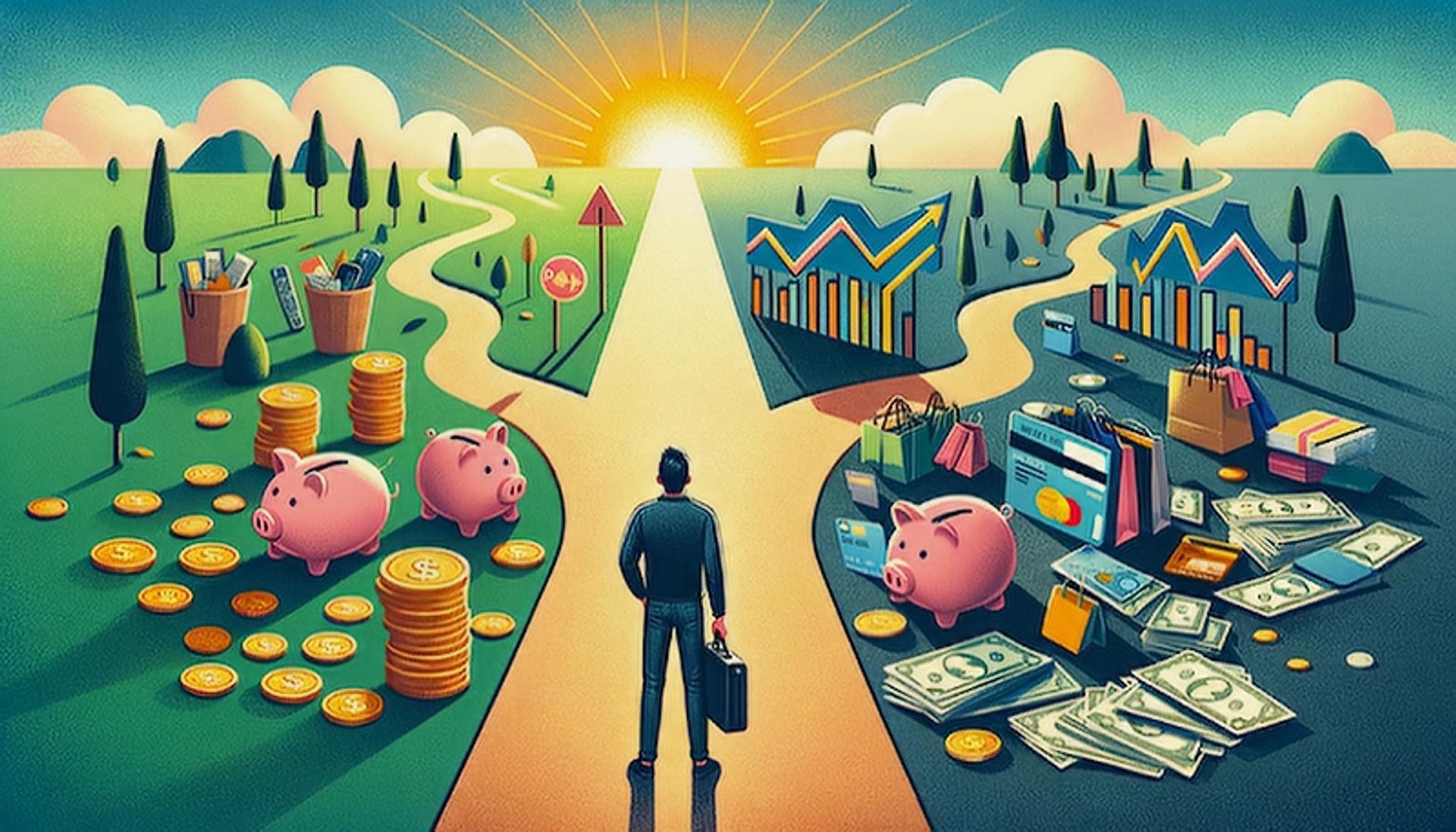 Person at a crossroads deciding between a path of financial growth and stability and a path leading to debt and financial distress, symbolizing the psychology of spending decisions.
