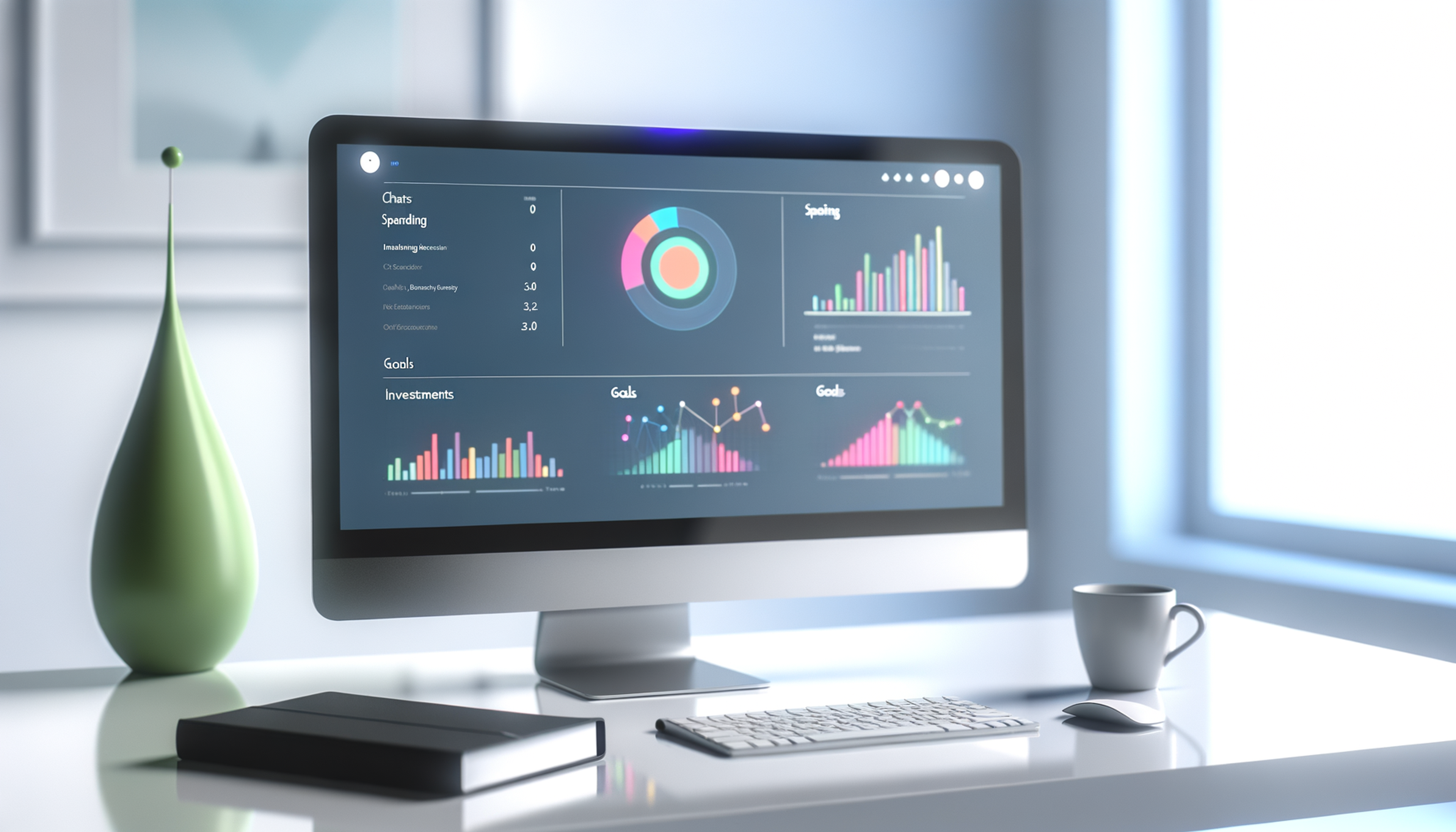 Modern workspace with a computer displaying a colorful financial dashboard, tidy desk items, and bright, minimal lighting.