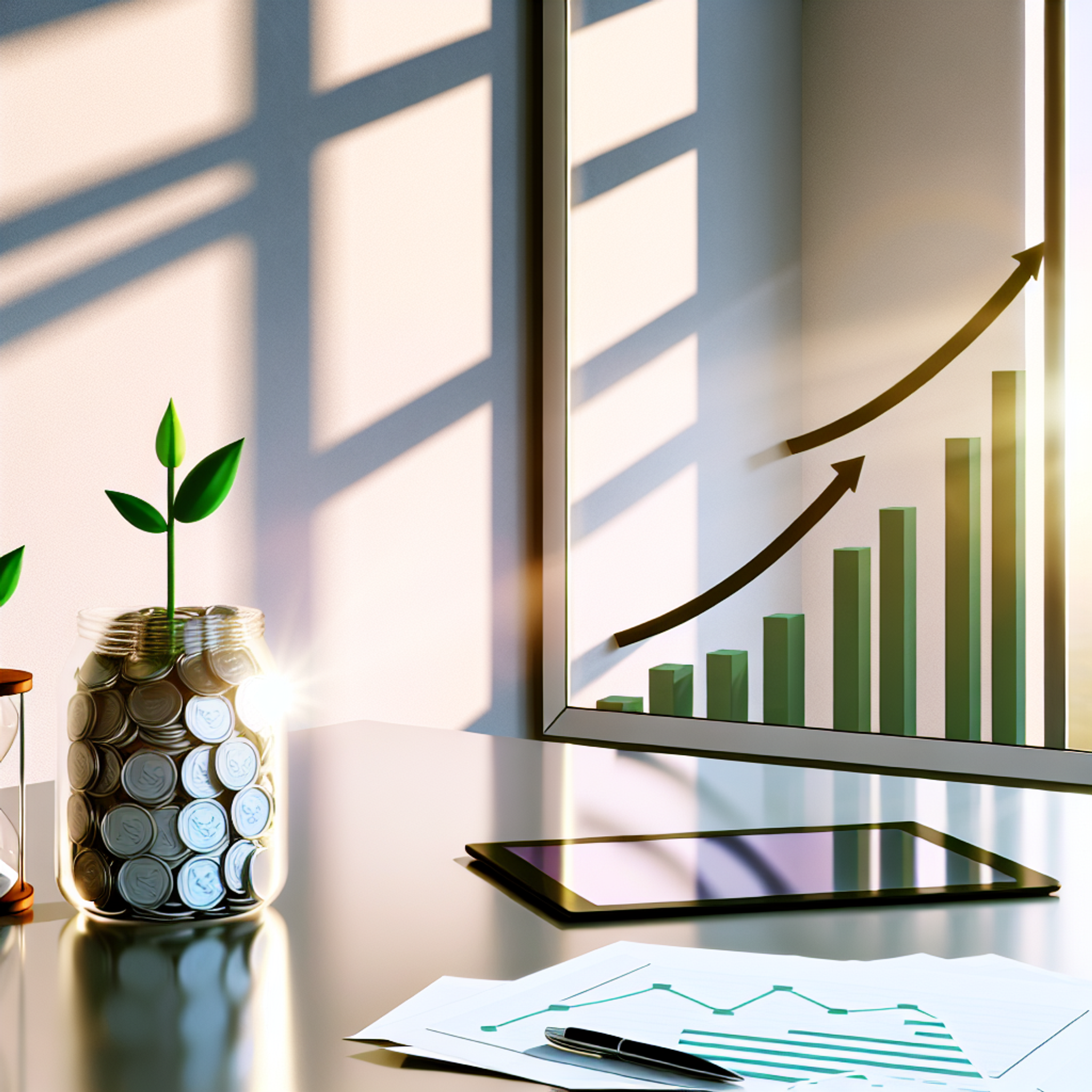 Modern workspace at sunrise with a glass jar of coins and plants, tablet showing rising graphs, investment papers, and an hourglass.