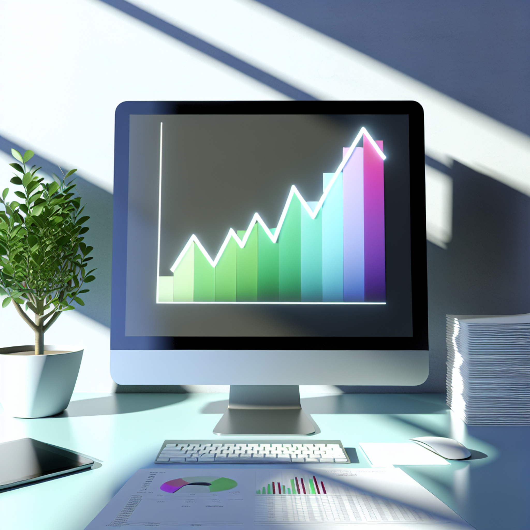 Modern desktop with a computer showing a colorful rising investment graph, potted plant, and financial documents in soft natural light.