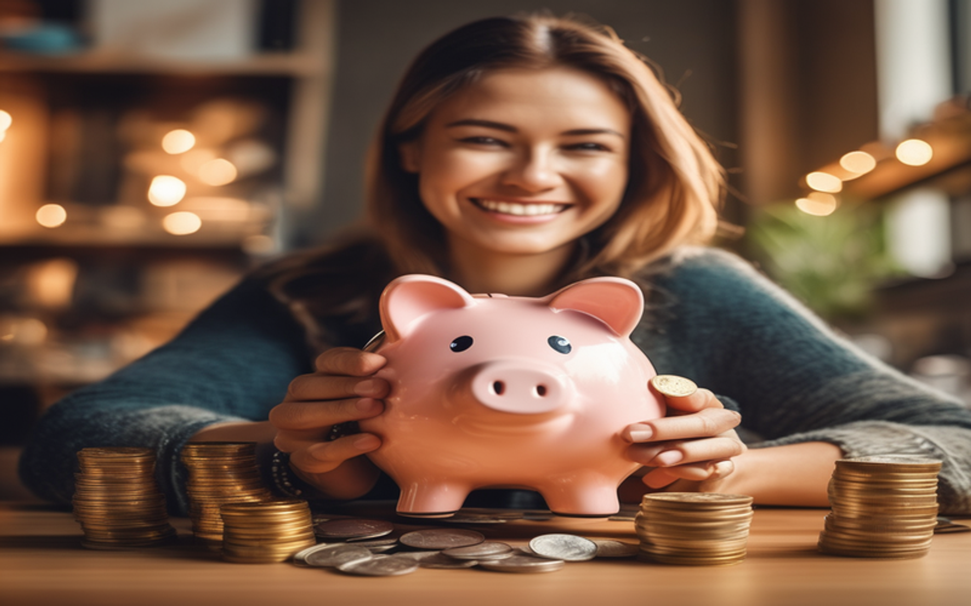 A person holding a piggy bank, surrounded by coins and bills, expressing gratitude and contentment.