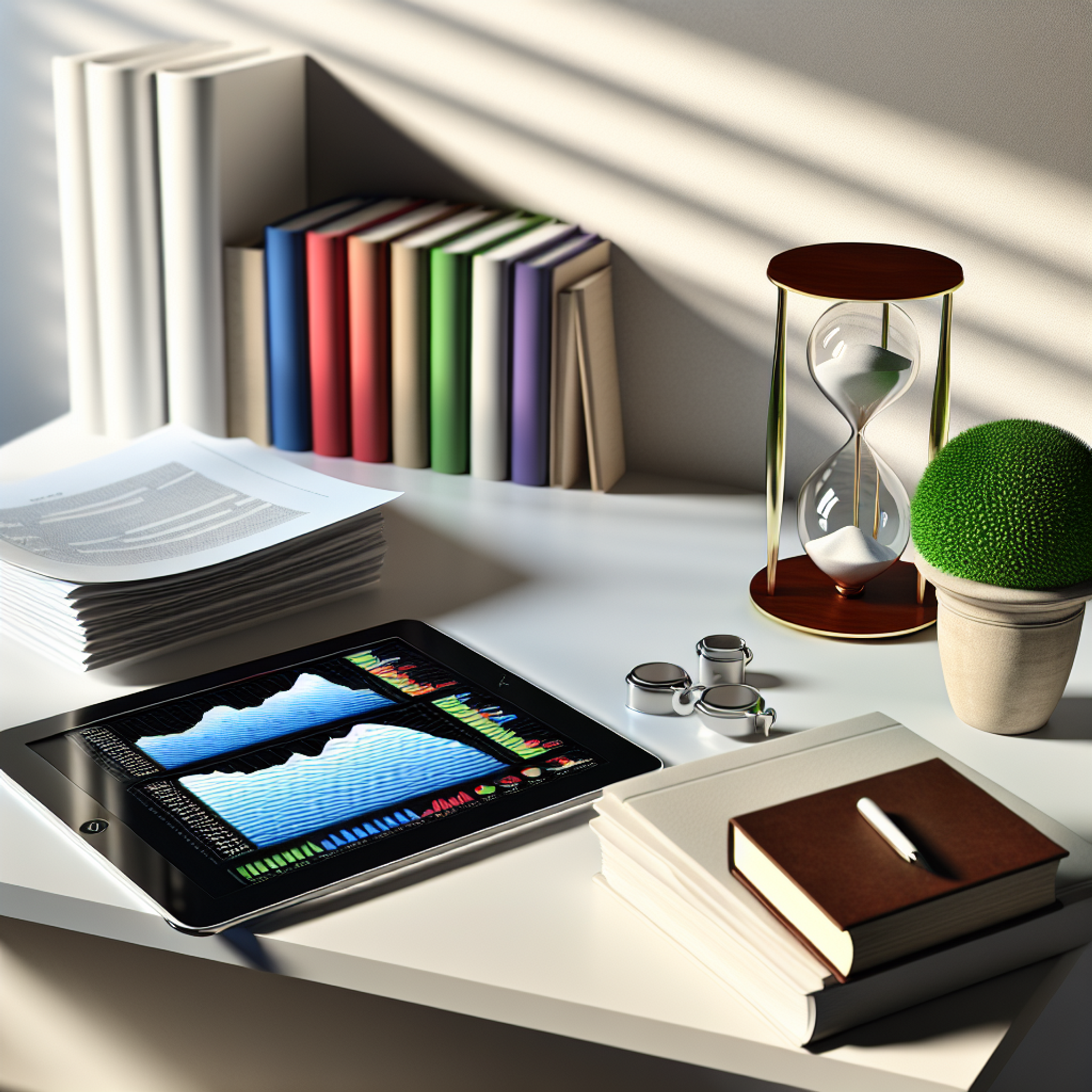 Modern desk with organized financial papers, tablet showing colorful charts, hourglass, and potted plant in soft natural light.