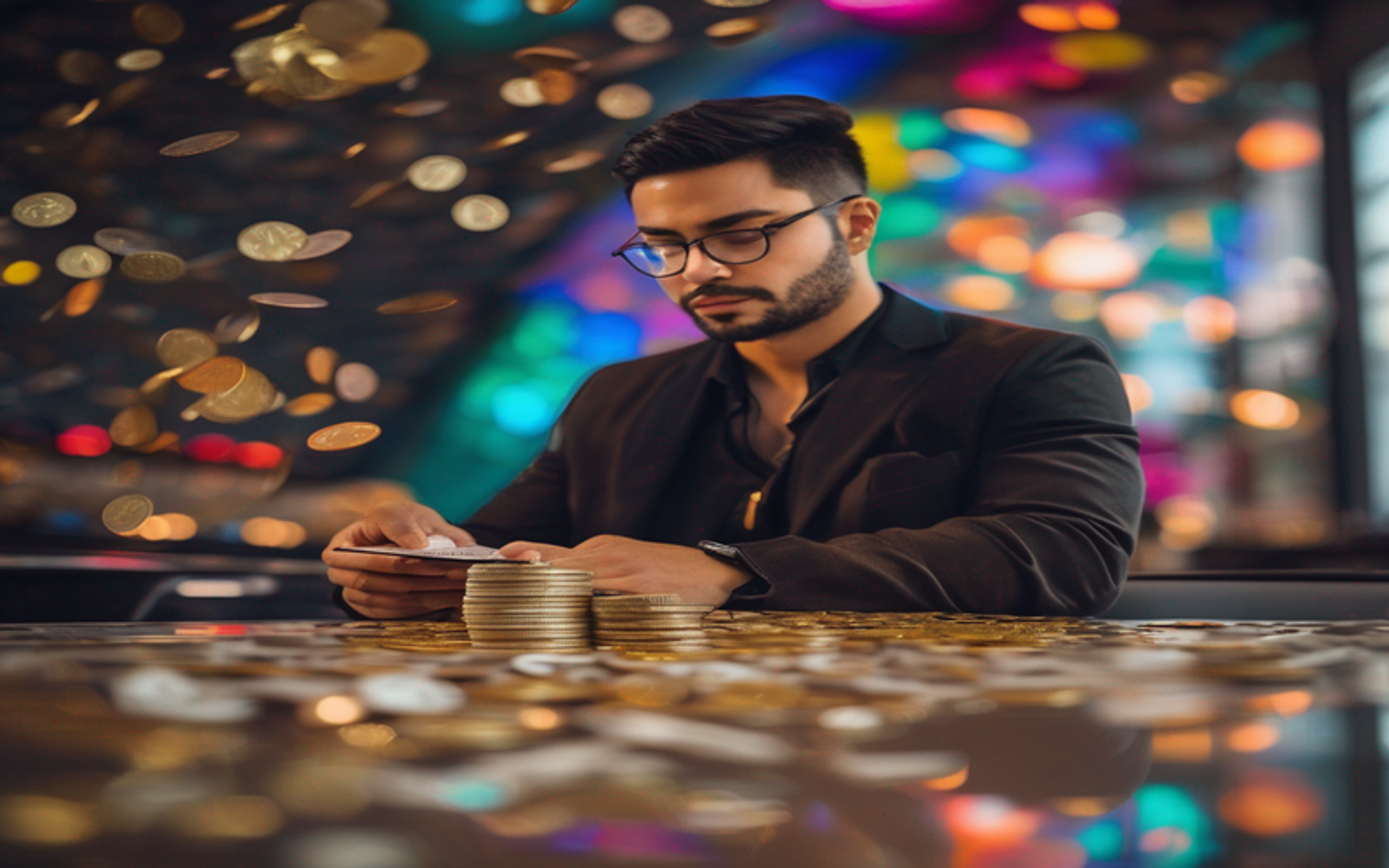 A person in a peaceful setting surrounded by money coins, exuding calm focus.