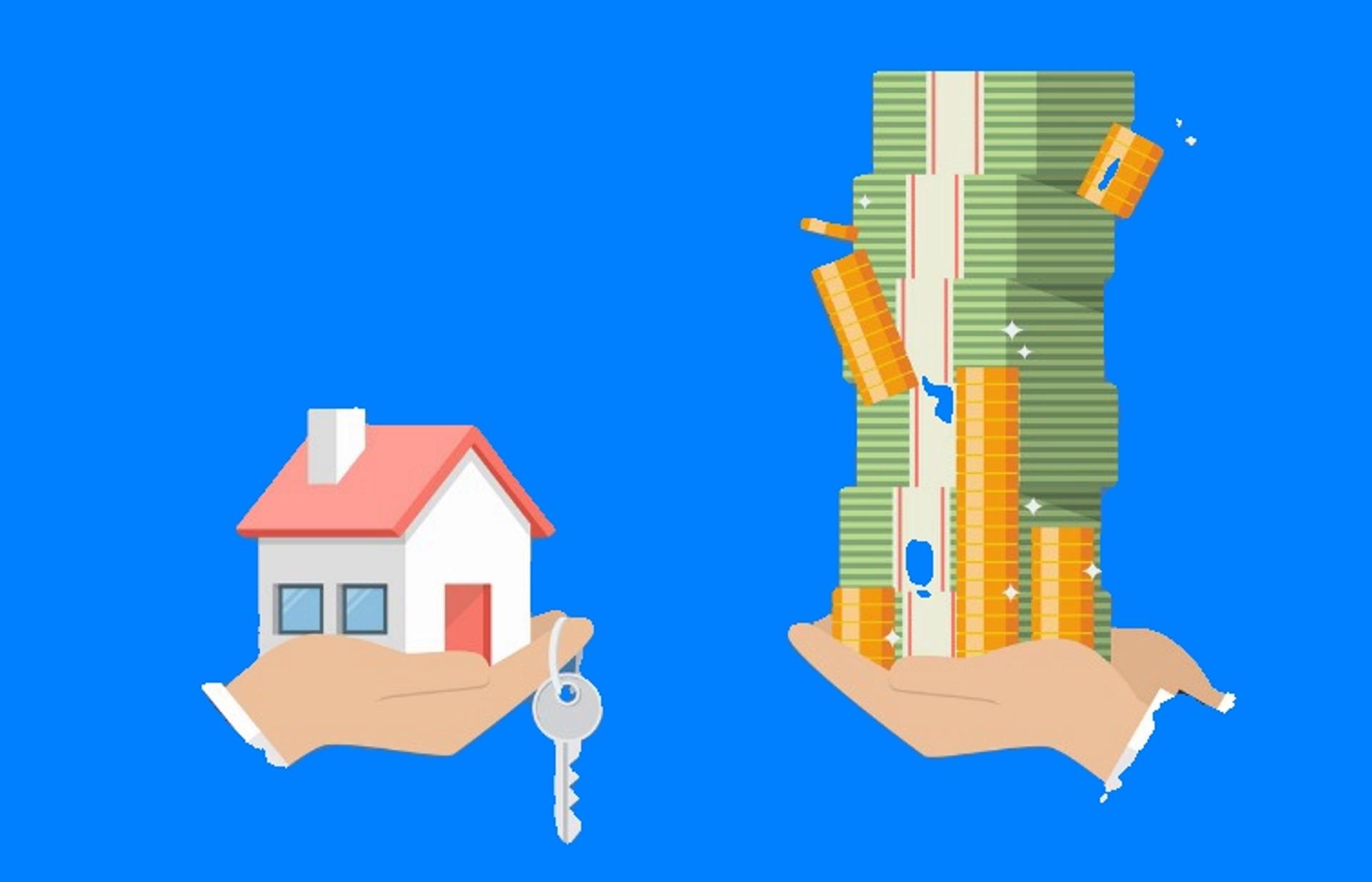 Hand gives home and key to another hand with a stack of cash