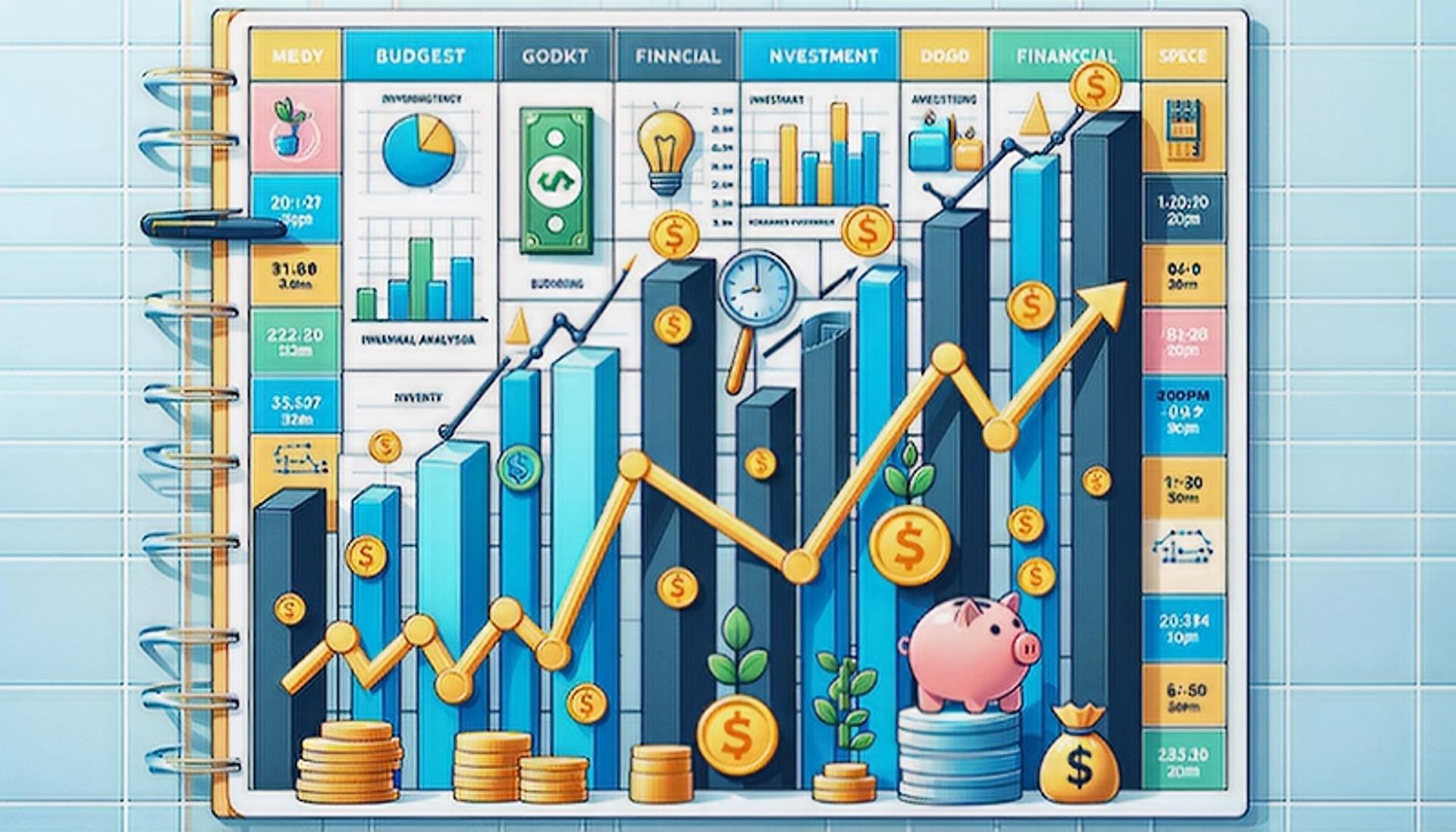 Weekly time-blocking schedule for financial tasks, featuring color-coded time blocks, financial graphs, and currency symbols.