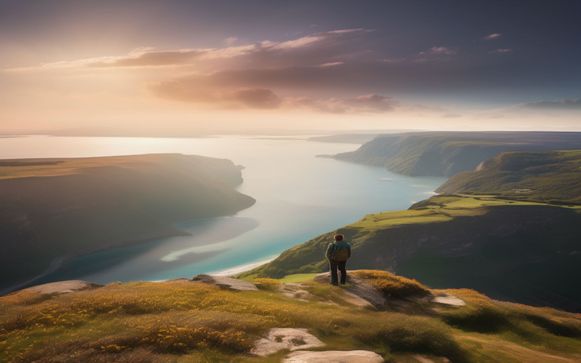 A person standing on a cliff, gazing out at a serene landscape, surrounded by subtle financial symbols and a faint glow of financial well-being.