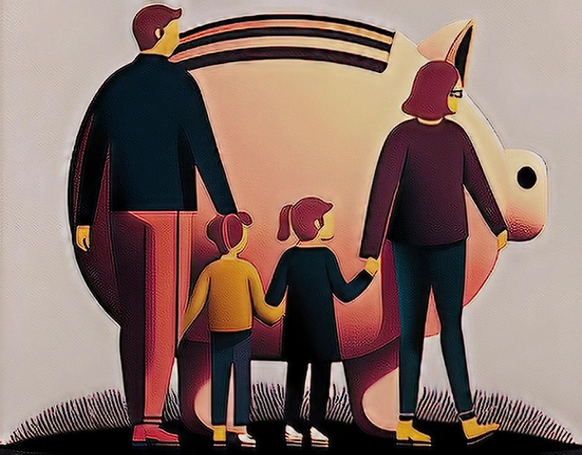 An illustration of a family holding hands and standing in front of a large piggy bank