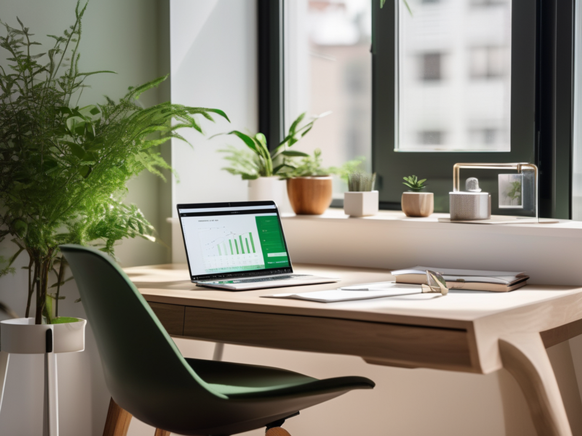 Modern workspace with a laptop showing a financial dashboard, vision board, plant, and clock on desk; natural light and calming colors.