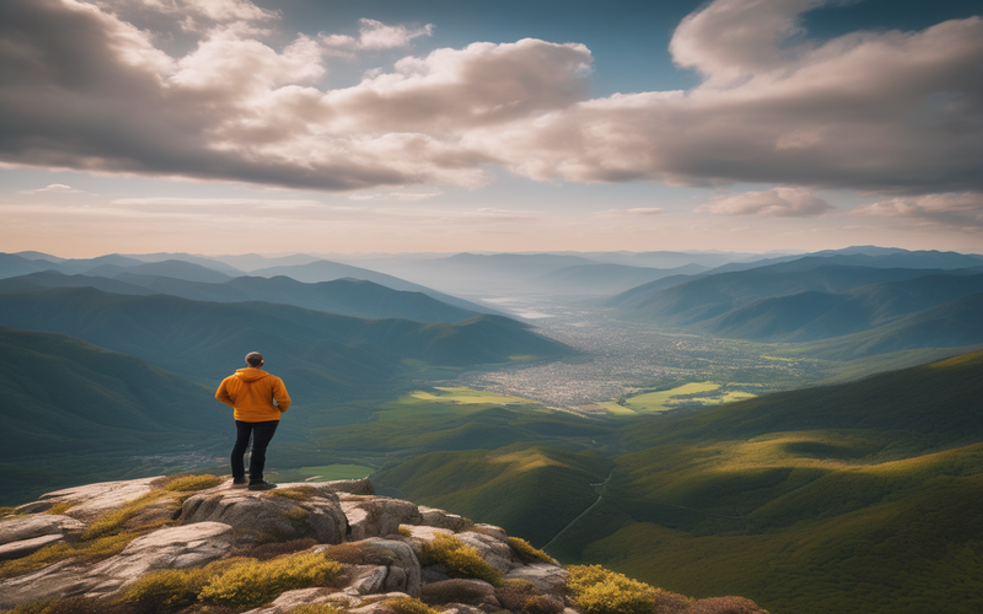 A person stands on a mountain peak, gazing out at a serene landscape surrounded by financial charts and graphs, exuding accomplishment and confidence.