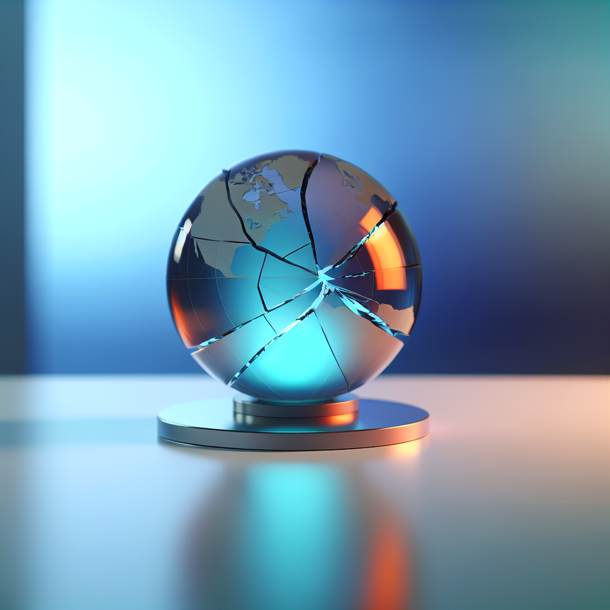 Cracked glass globe glowing with blue and orange light on a modern table, symbolizing global fragility in a softly lit, blurred setting.