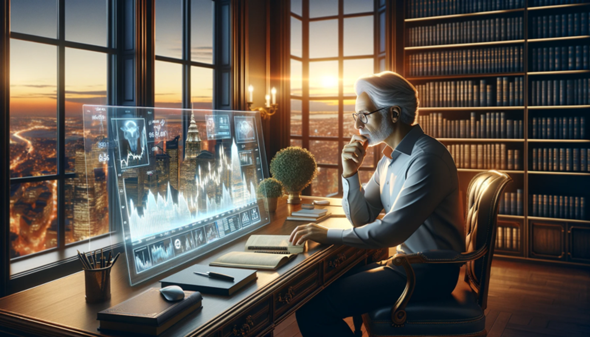 An older man reviewing micro-investment portfolio on a transparent screen in a sophisticated home office with a city skyline view at sunset.
