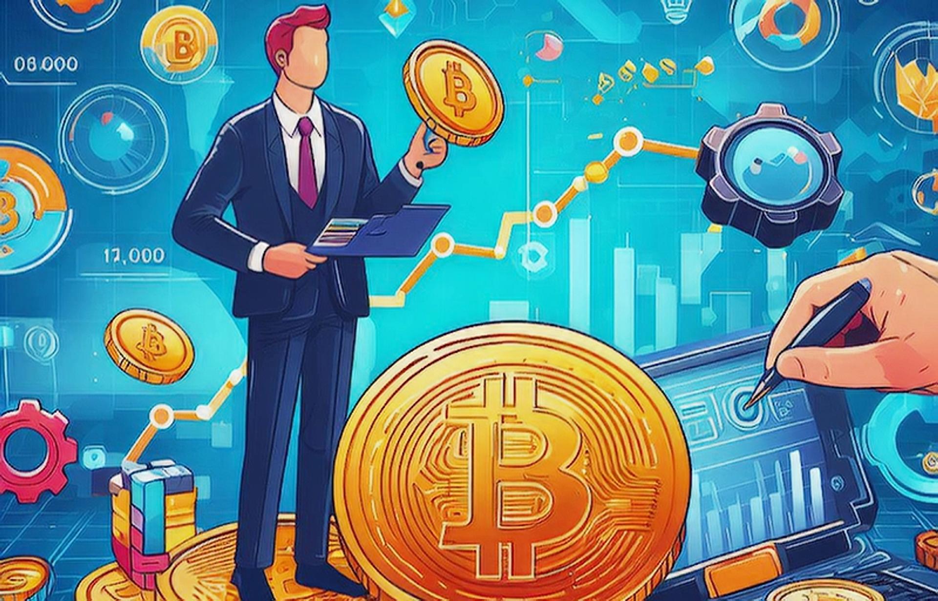 Digital drawing of a man with a number of bitcoin coins/symbols around