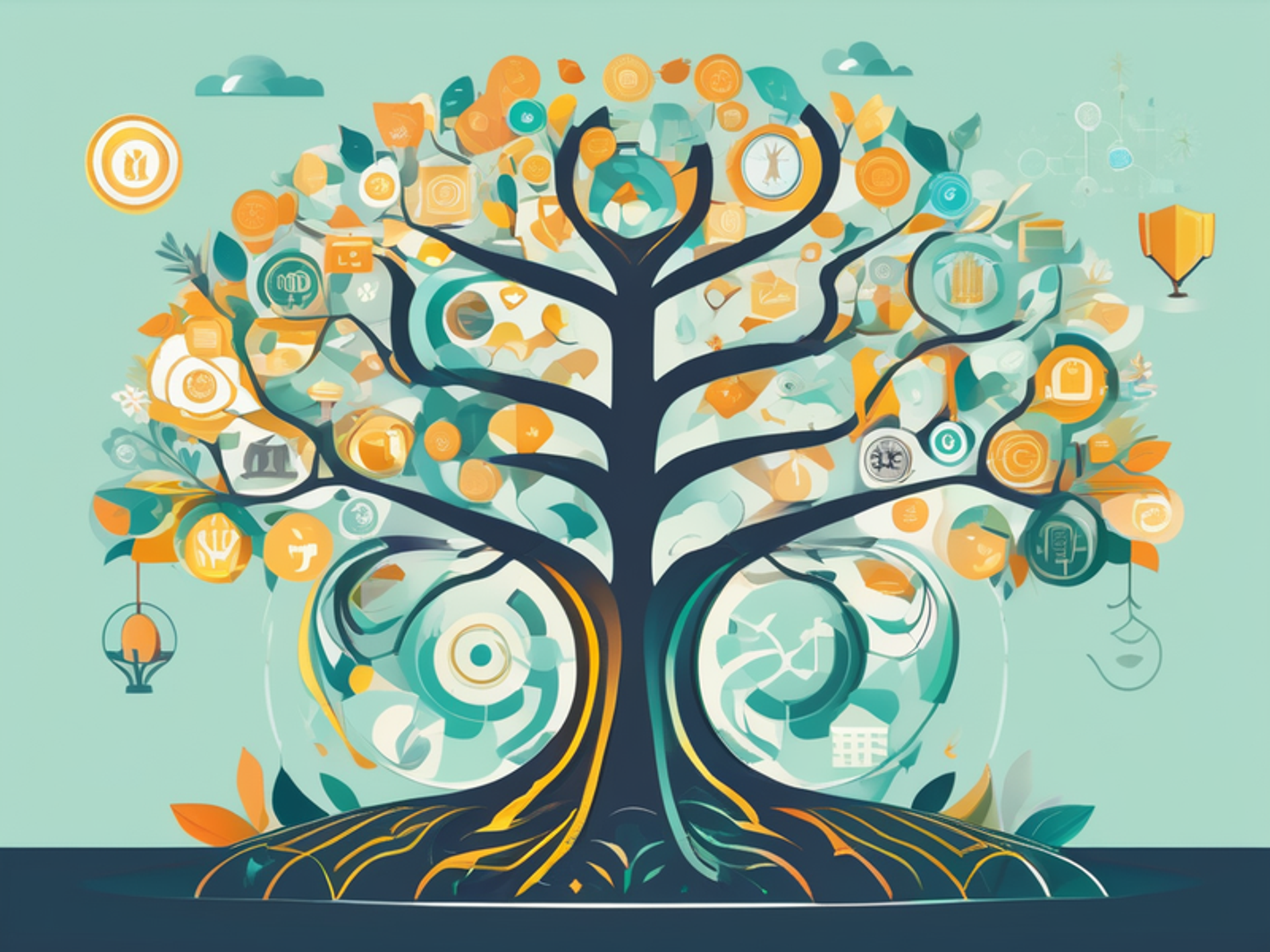 Illustration of a tree symbolizing financial independence, with branches for wealth, fulfillment, and well-being, adorned with relevant icons.