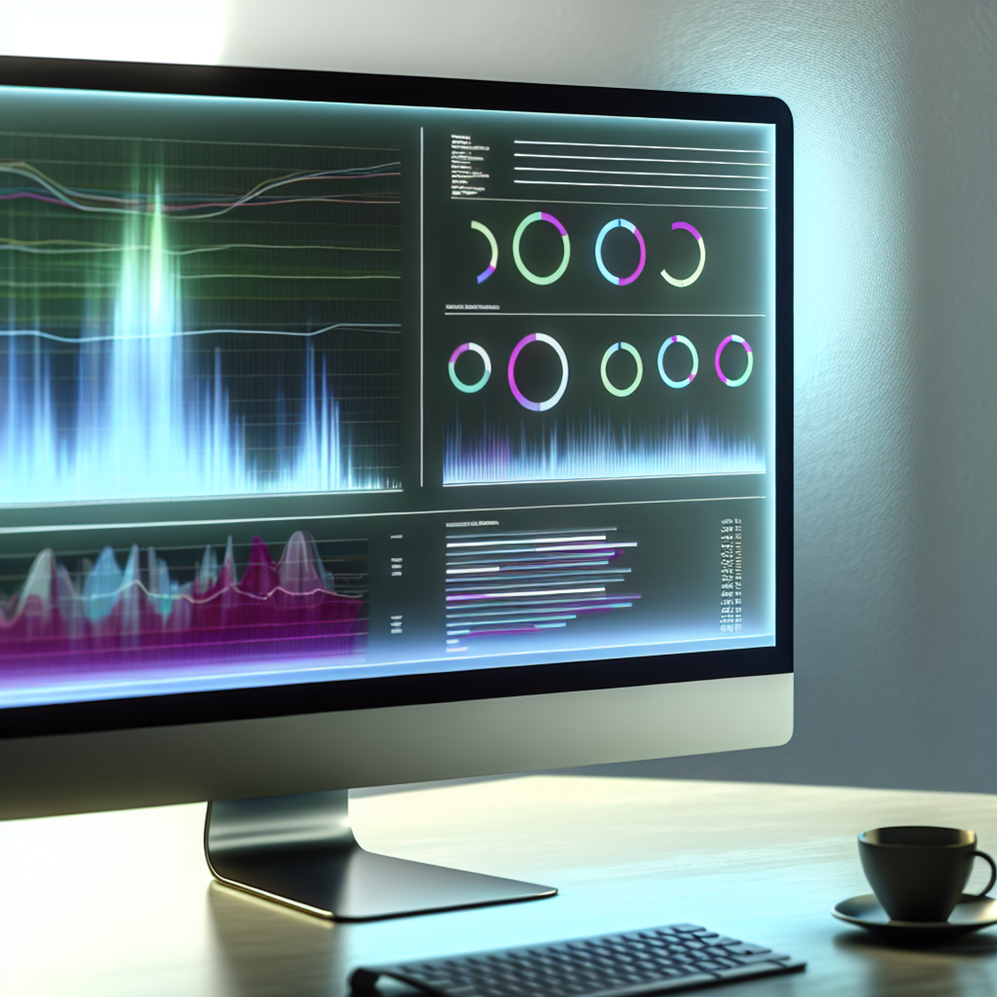 Modern workspace with a large monitor displaying colorful financial charts, minimalist desk, coffee cup, and greenery in soft natural light.