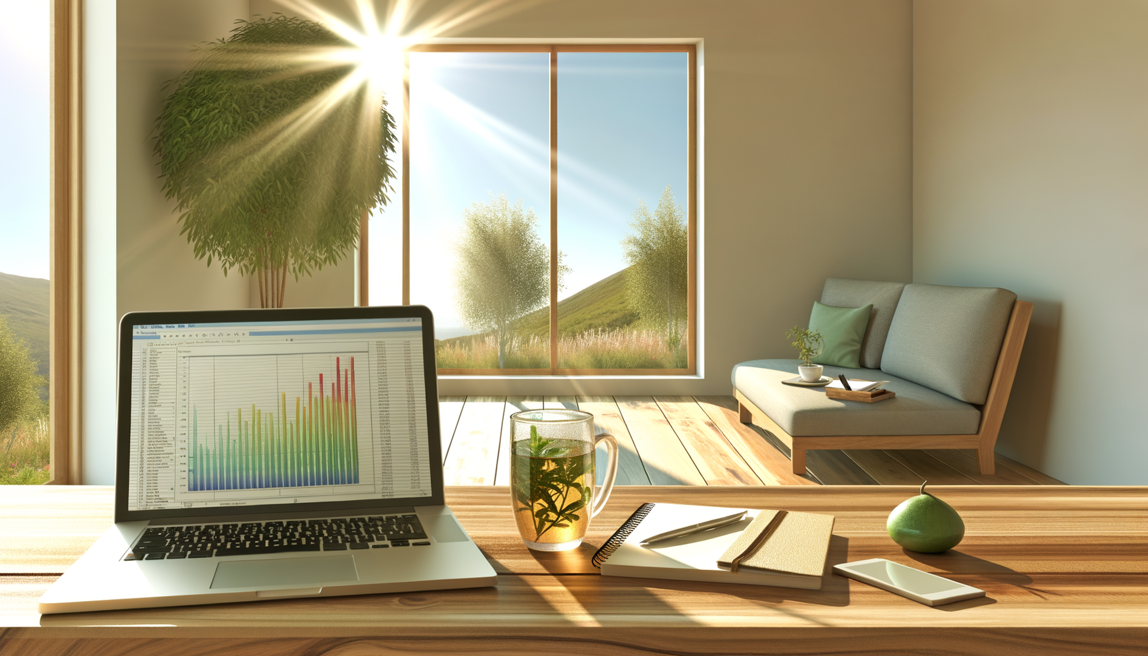 Sunlit modern workspace with open laptop showing financial charts, journal, tea, and plant on wooden table; cozy chair and blanket behind.