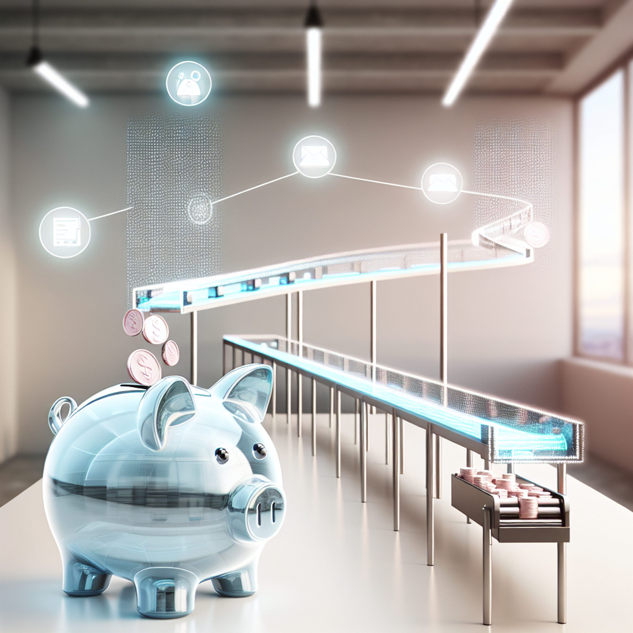 Transparent piggy bank on modern desk receives coins and bills from glowing conveyor belts, with digital icons suggesting financial automation.