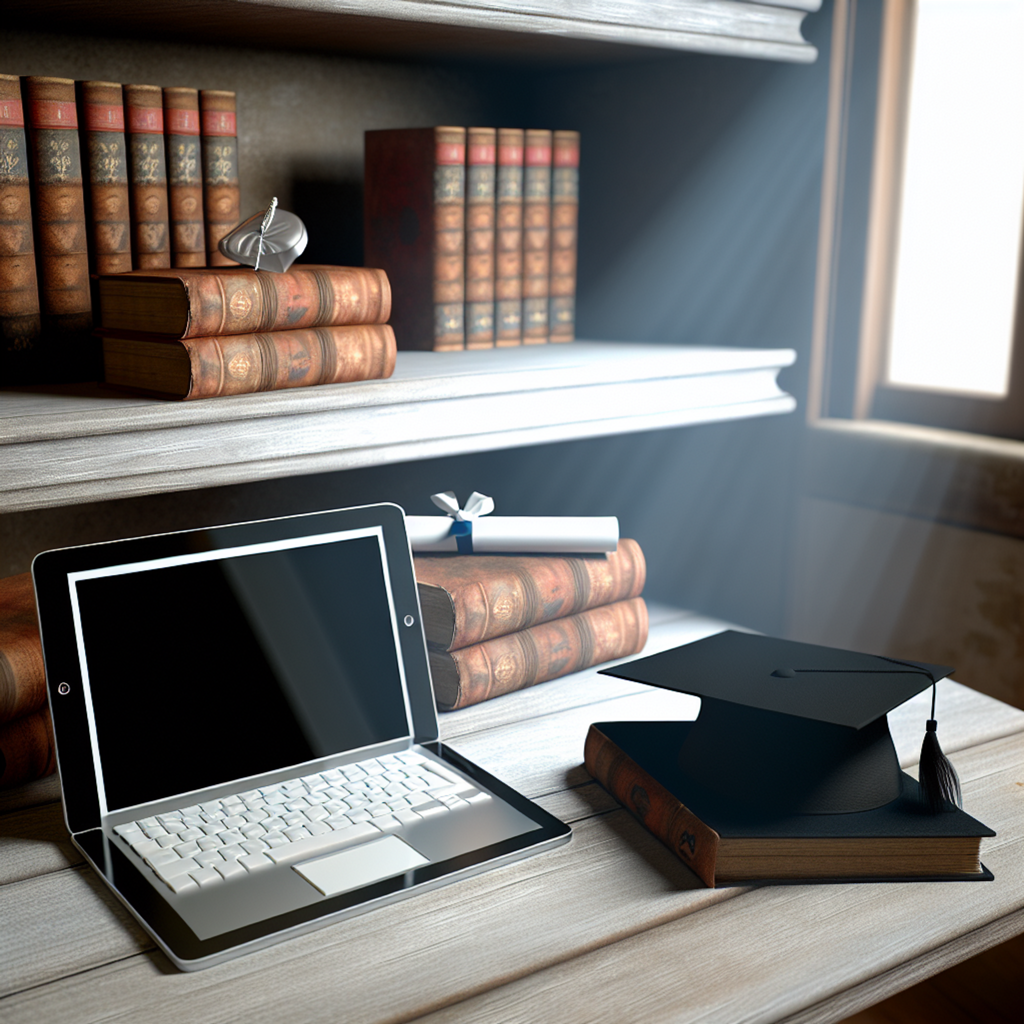 Graduation cap and old textbooks on a dusty shelf contrast with a laptop and tablet on a bright, modern desk in natural light.
