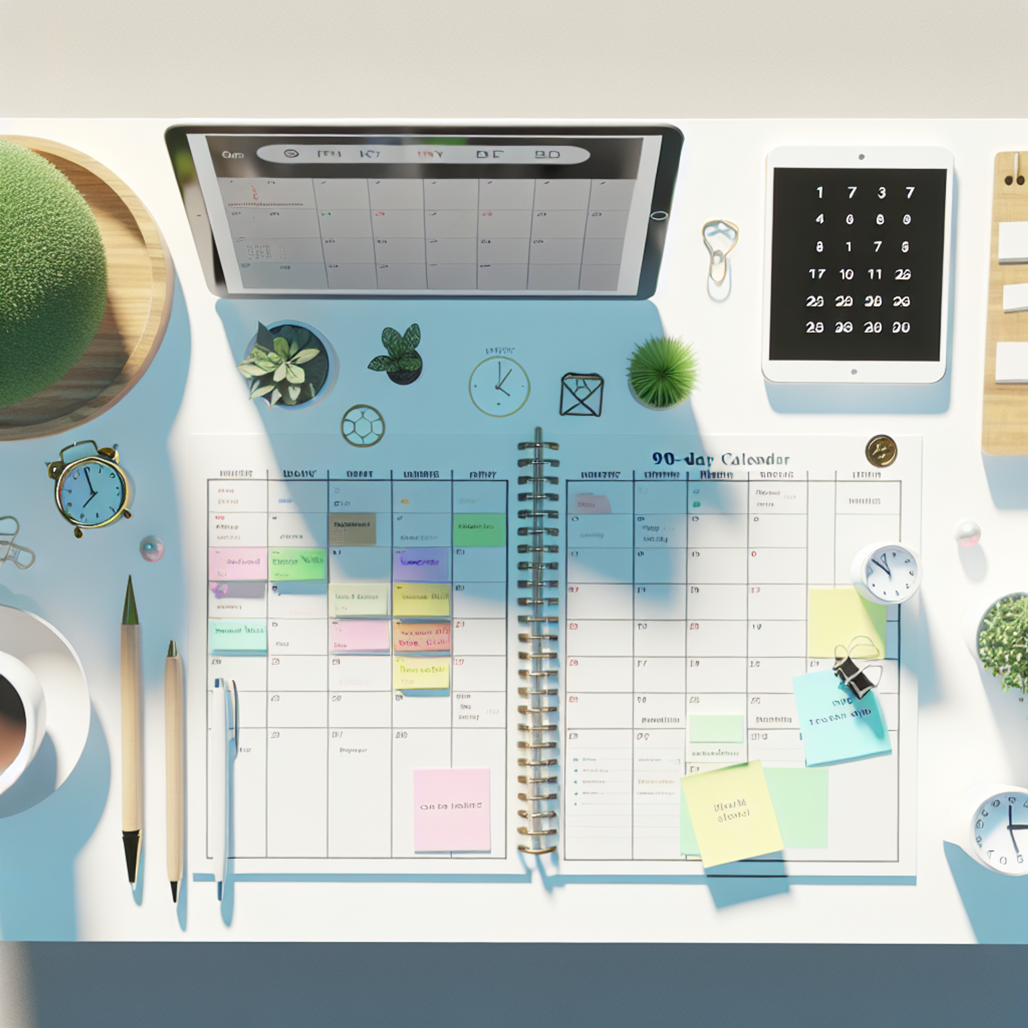 Overhead view of a tidy desk with an open 90-day planner, color-coded sticky notes, small goal symbols, pens, coffee, and a tablet checklist.
