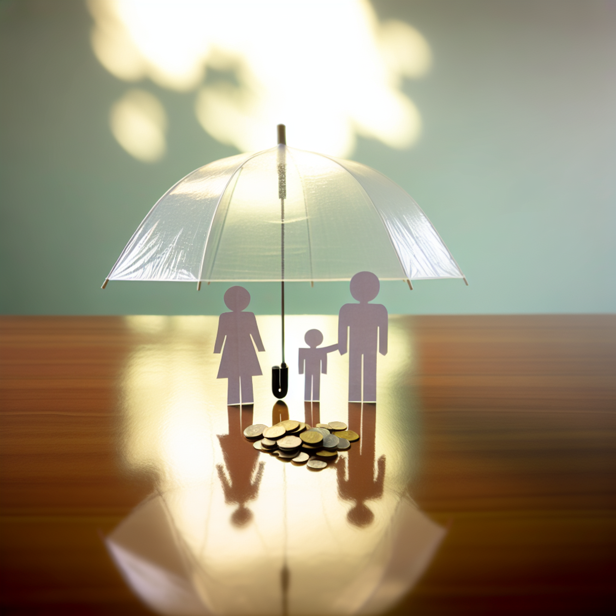Transparent umbrella shelters paper cutout family and coins on wooden table, symbolizing life insurance protection and security.