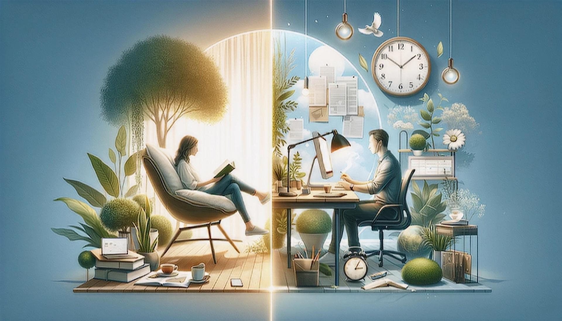 Wide-format image depicting work-life balance: Left side shows a relaxed home setting with a person reading, and right side displays a professional office scene with a person working at a desk.