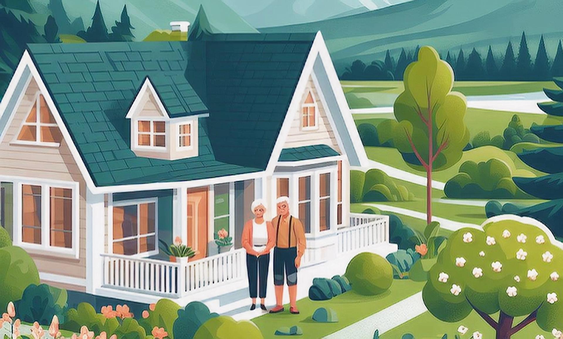 A digital image of an old couple in front of their retirement home