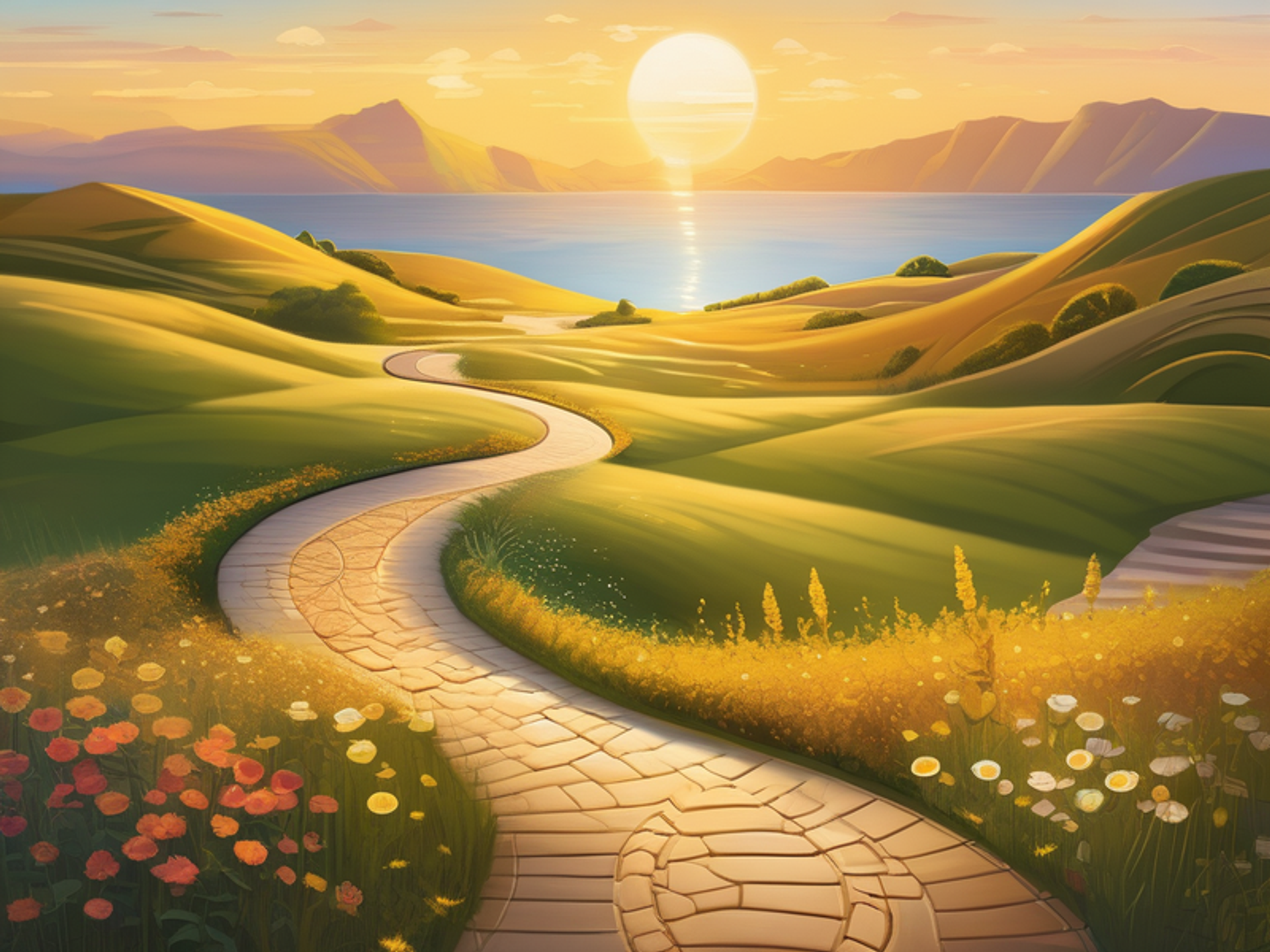A serene landscape with a winding path, compass, vision board, and coins, symbolizing a financial journey, in warm, golden light.